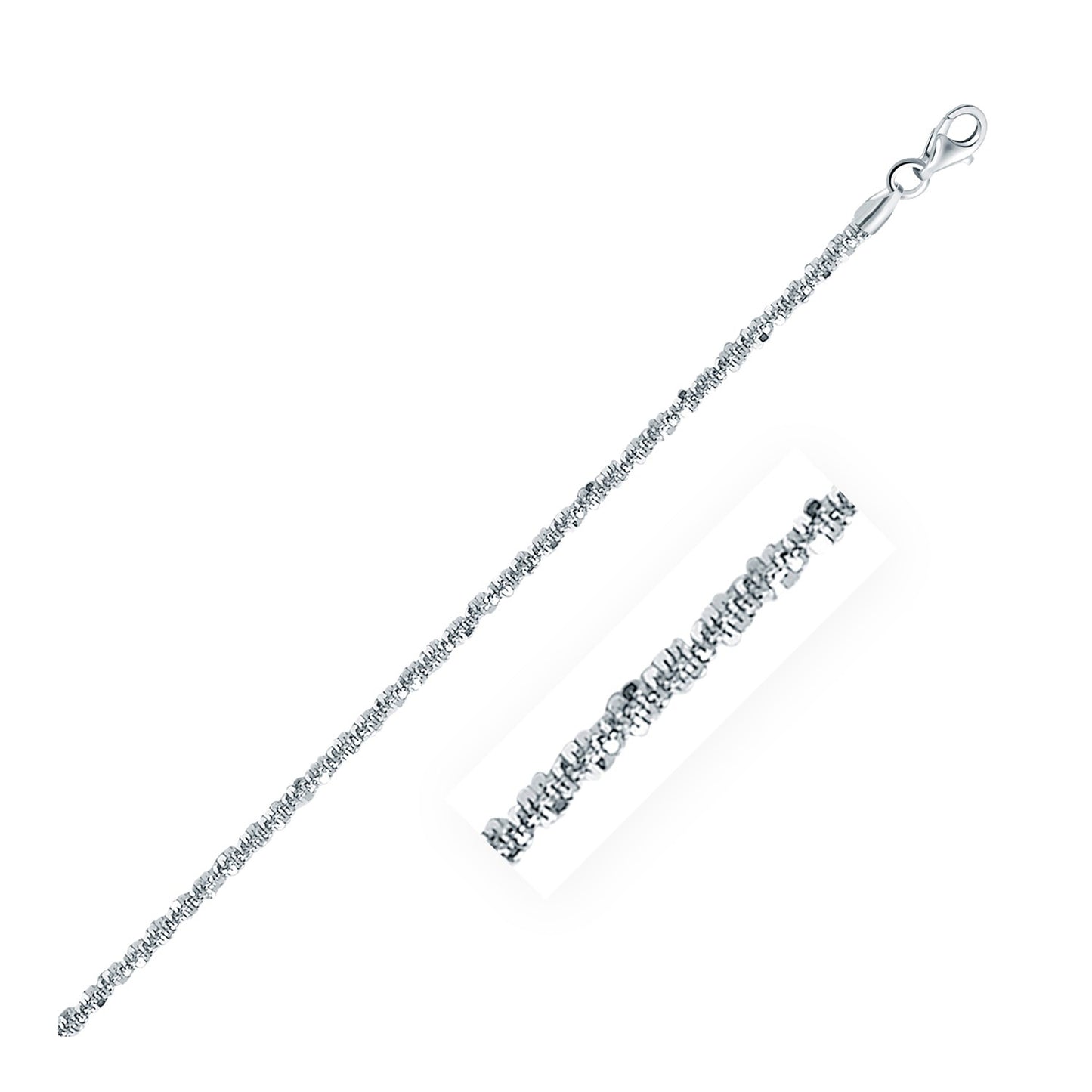 Rhodium Plated 2.2mm Sterling Silver Sparkle Style Chain (2.20 mm) in a sleek high-contrast midnight luxury editorial style