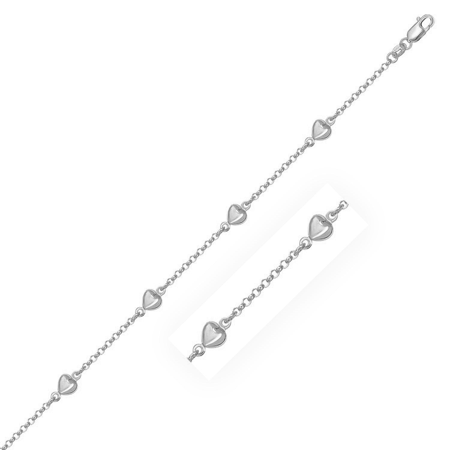 14k White Gold Rolo Chain Bracelet with Puffed Heart Stations (3.30 mm) in a sleek high-contrast midnight luxury editorial st