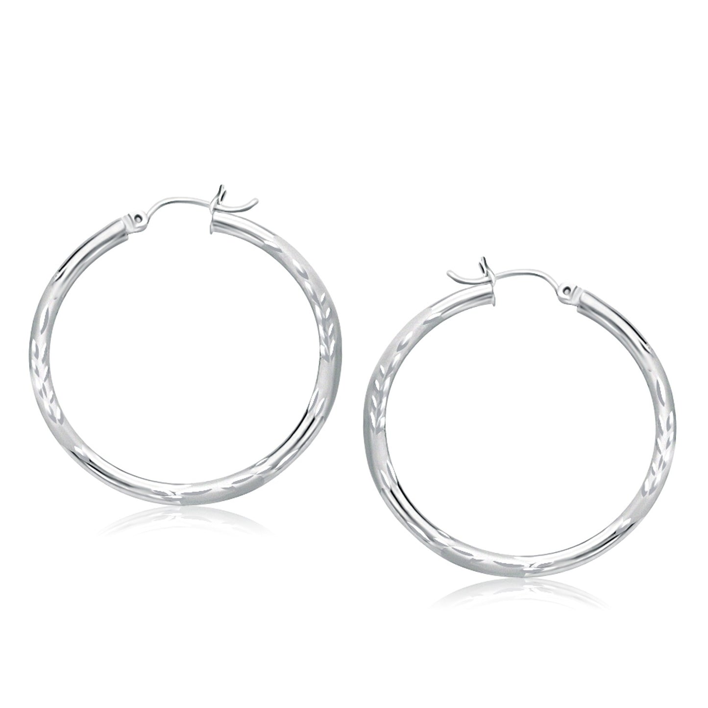 14k White Gold Fancy Diamond Cut Hoop Earrings (3x35mm) in a sleek high-contrast midnight luxury editorial style