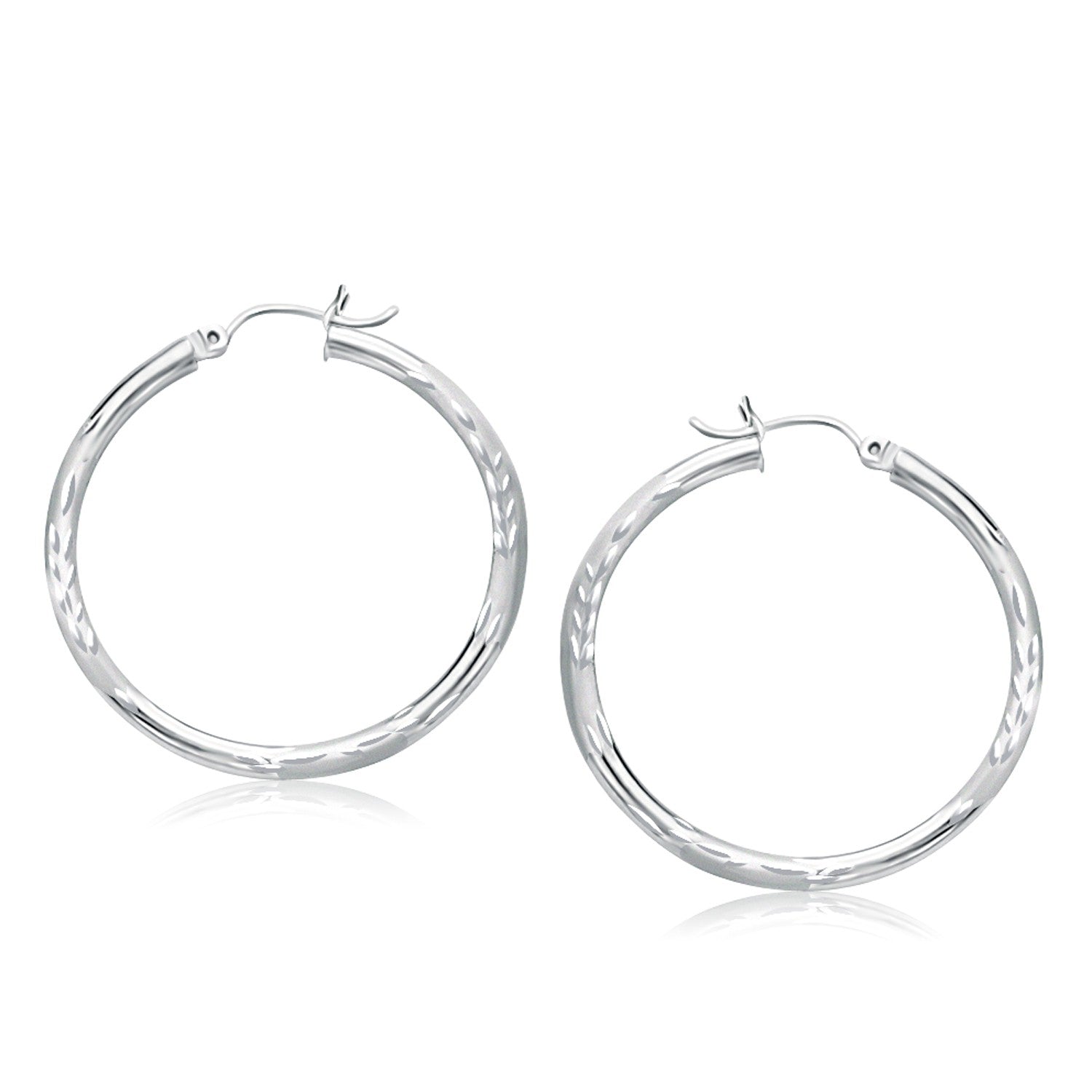 14k White Gold Fancy Diamond Cut Hoop Earrings (3x35mm) in a sleek high-contrast midnight luxury editorial style