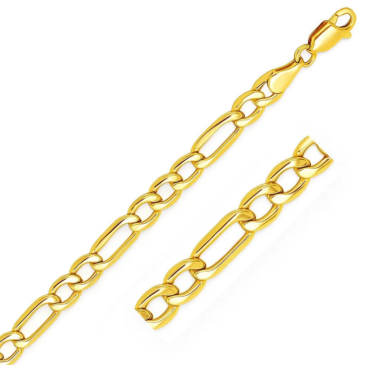 10k Yellow Gold Lite Figaro Chain (6.60 mm) in a sleek high-contrast midnight luxury editorial style