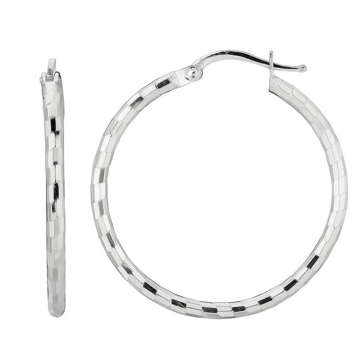 Sterling Silver Hoop Design Diamond Cut Earrings with Rhodium Plating (2x26mm) in a sleek high-contrast midnight luxury edito