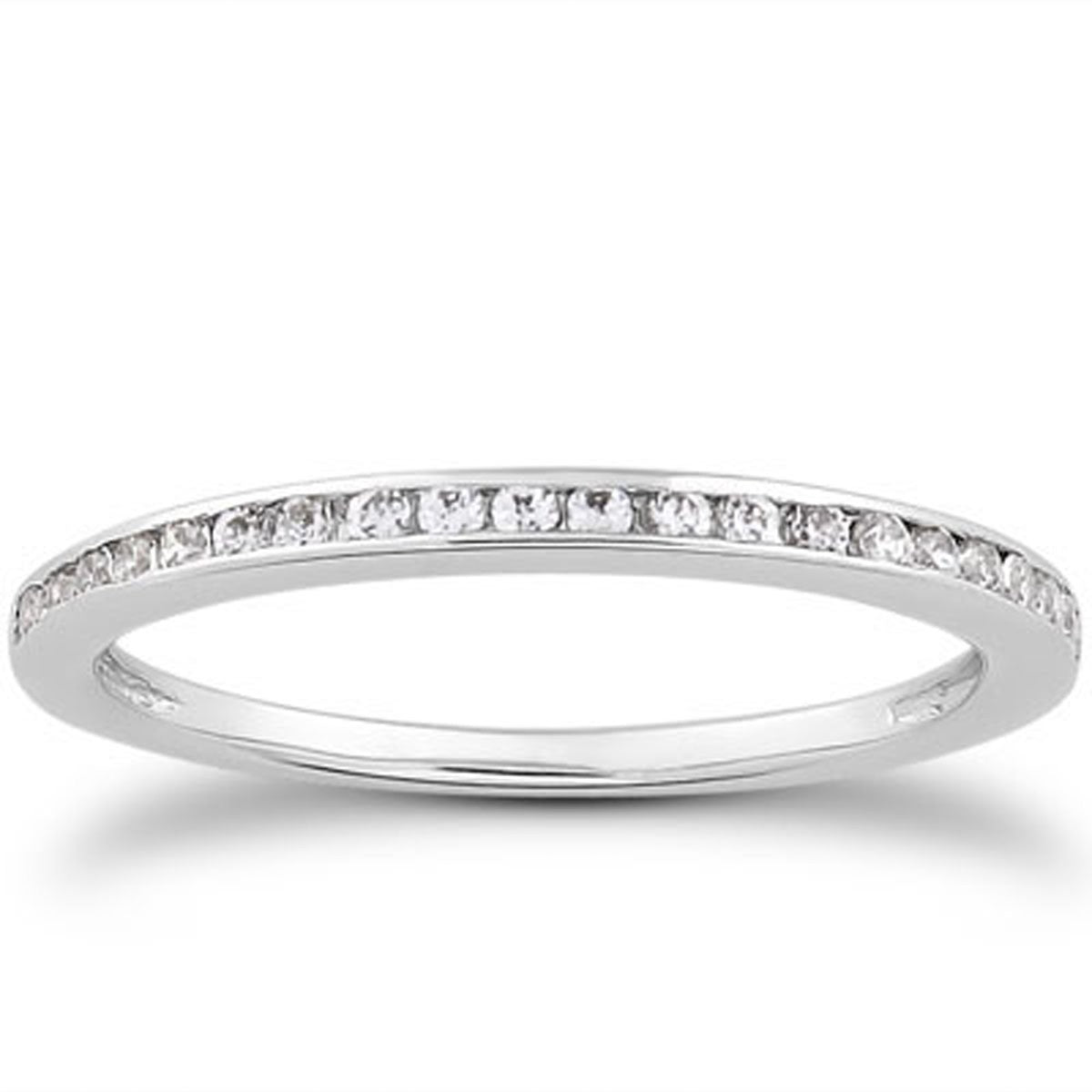 14k White Gold Slim Profile Diamond Channel Set Wedding Ring Band in a sleek high-contrast midnight luxury editorial style