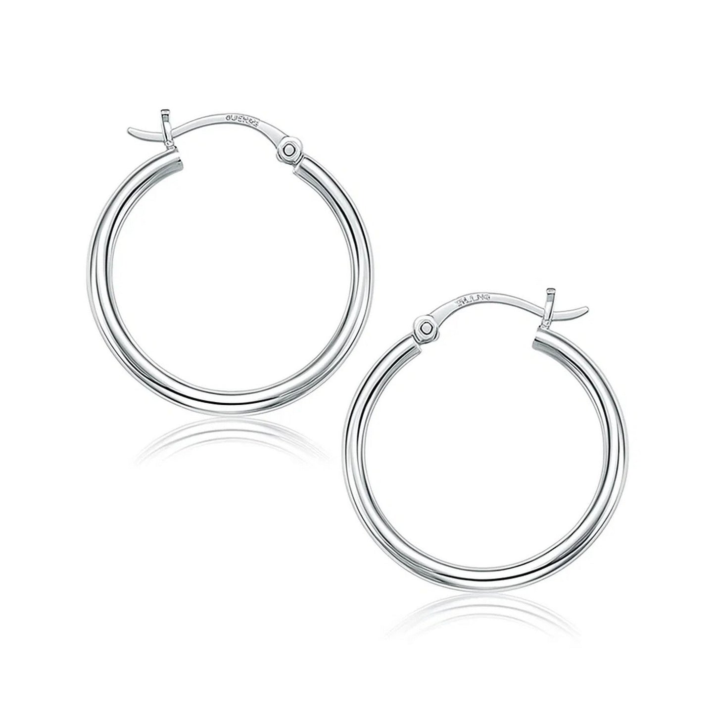 14k White Gold Polished Hoop Earrings (2x25mm) in a sleek high-contrast midnight luxury editorial style