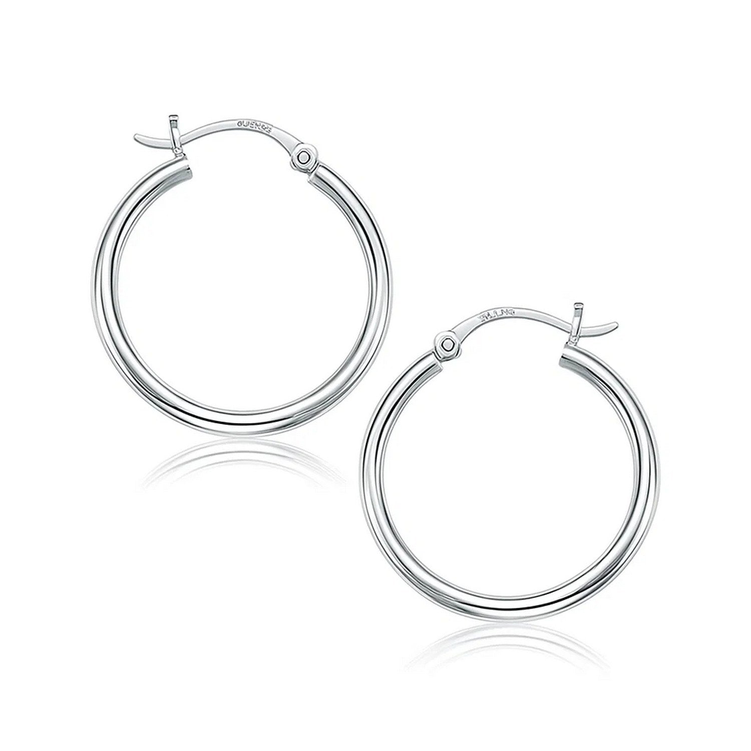 14k White Gold Polished Hoop Earrings (2x25mm) in a sleek high-contrast midnight luxury editorial style