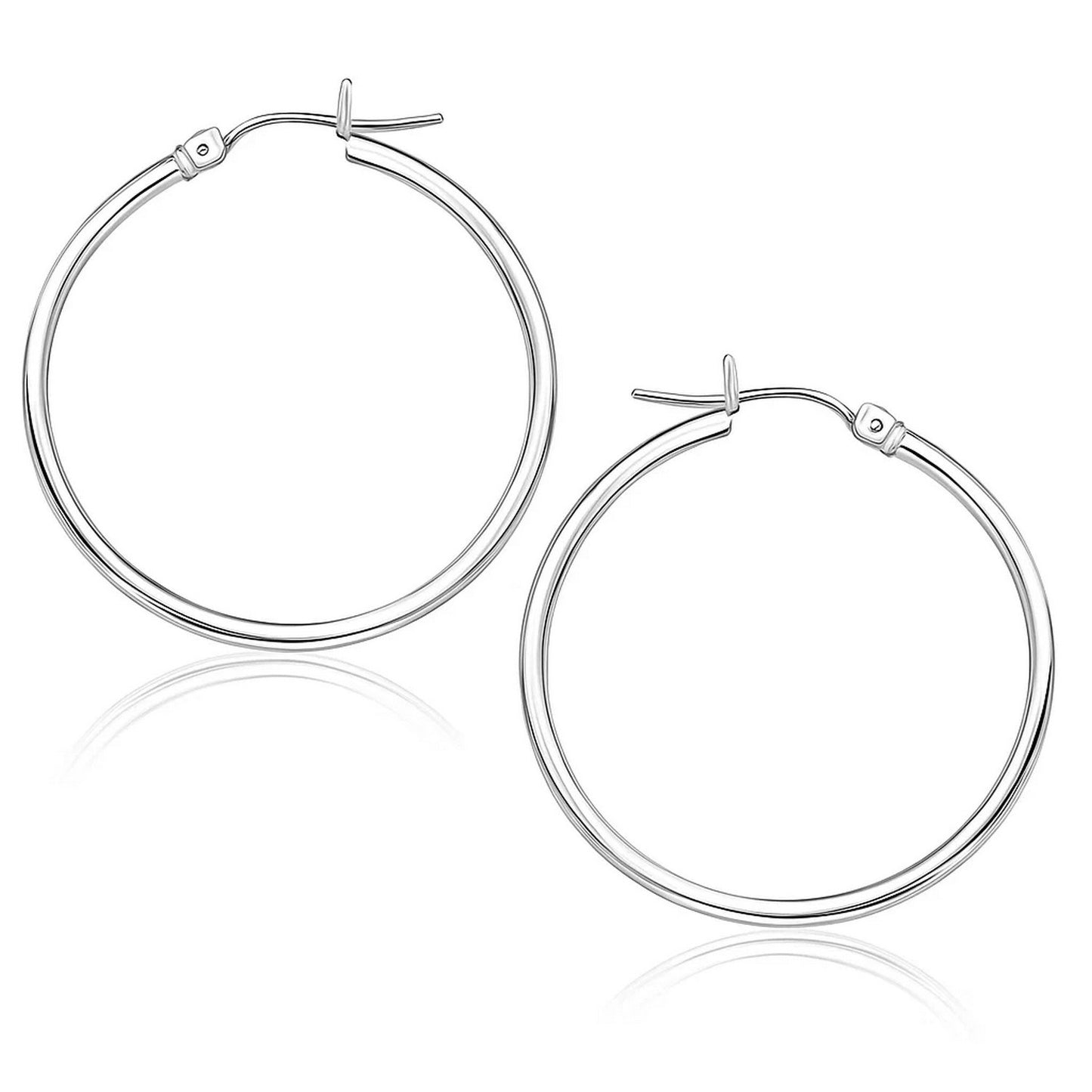 14k White Gold Polished Hoop Earrings (1.5x25mm) in a sleek high-contrast midnight luxury editorial style