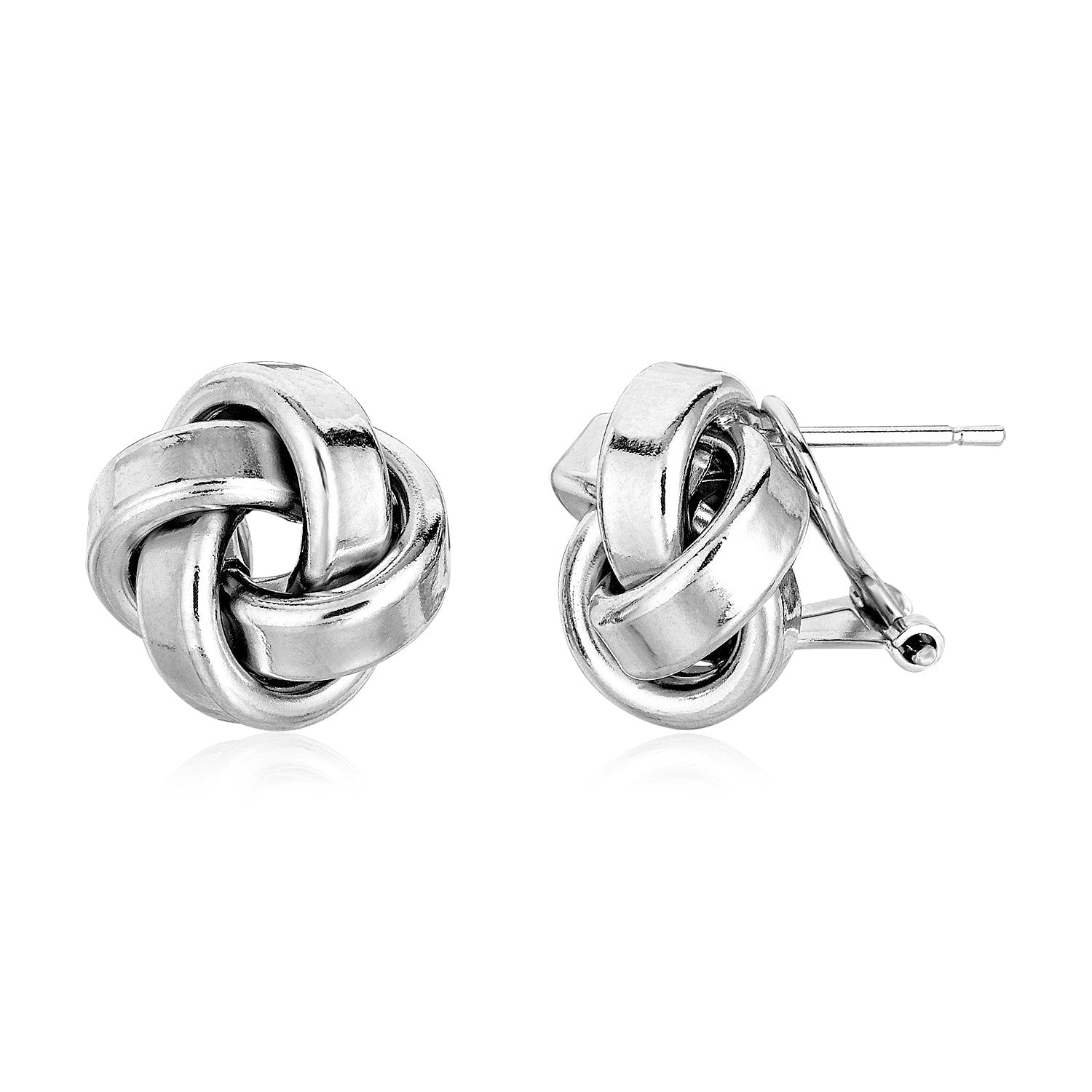 Large Sterling Silver Polished Love Knot Earrings(13mm) in a sleek high-contrast midnight luxury editorial style