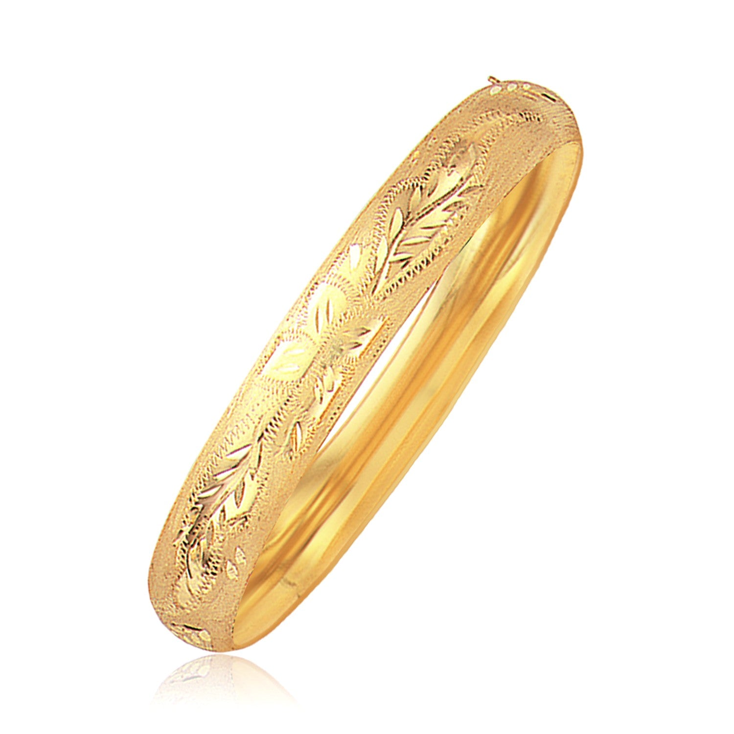 Classic Floral Carved Bangle in 14k Yellow Gold (10.00 mm) in a sleek high-contrast midnight luxury editorial style