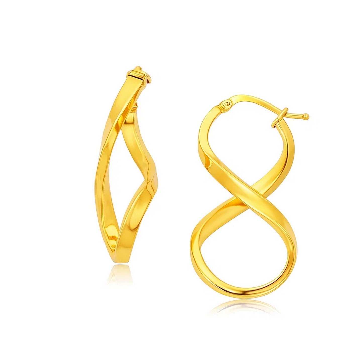 14k Yellow Gold Polished Infinity Shape Drop Earrings in a sleek high-contrast midnight luxury editorial style