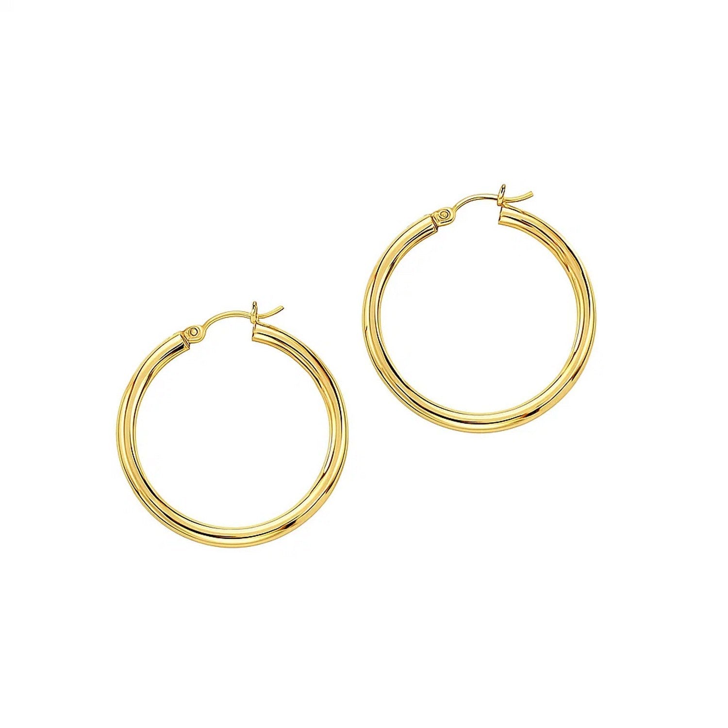 14k Yellow Gold Polished Hoop Earrings (3x30mm) in a sleek high-contrast midnight luxury editorial style