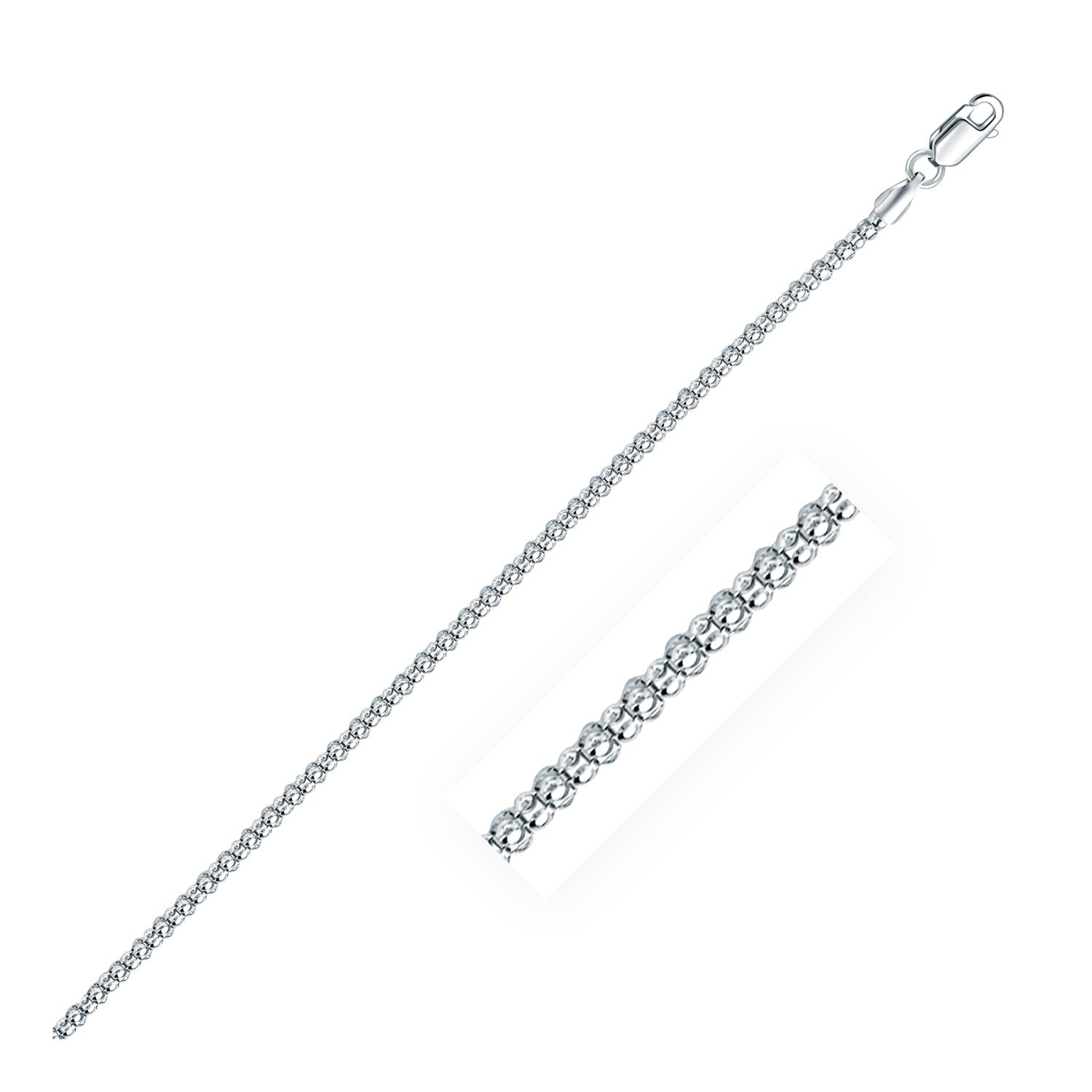 Rhodium Plated 2.5mm Sterling Silver Popcorn Style Chain (2.50 mm) in a sleek high-contrast midnight luxury editorial style