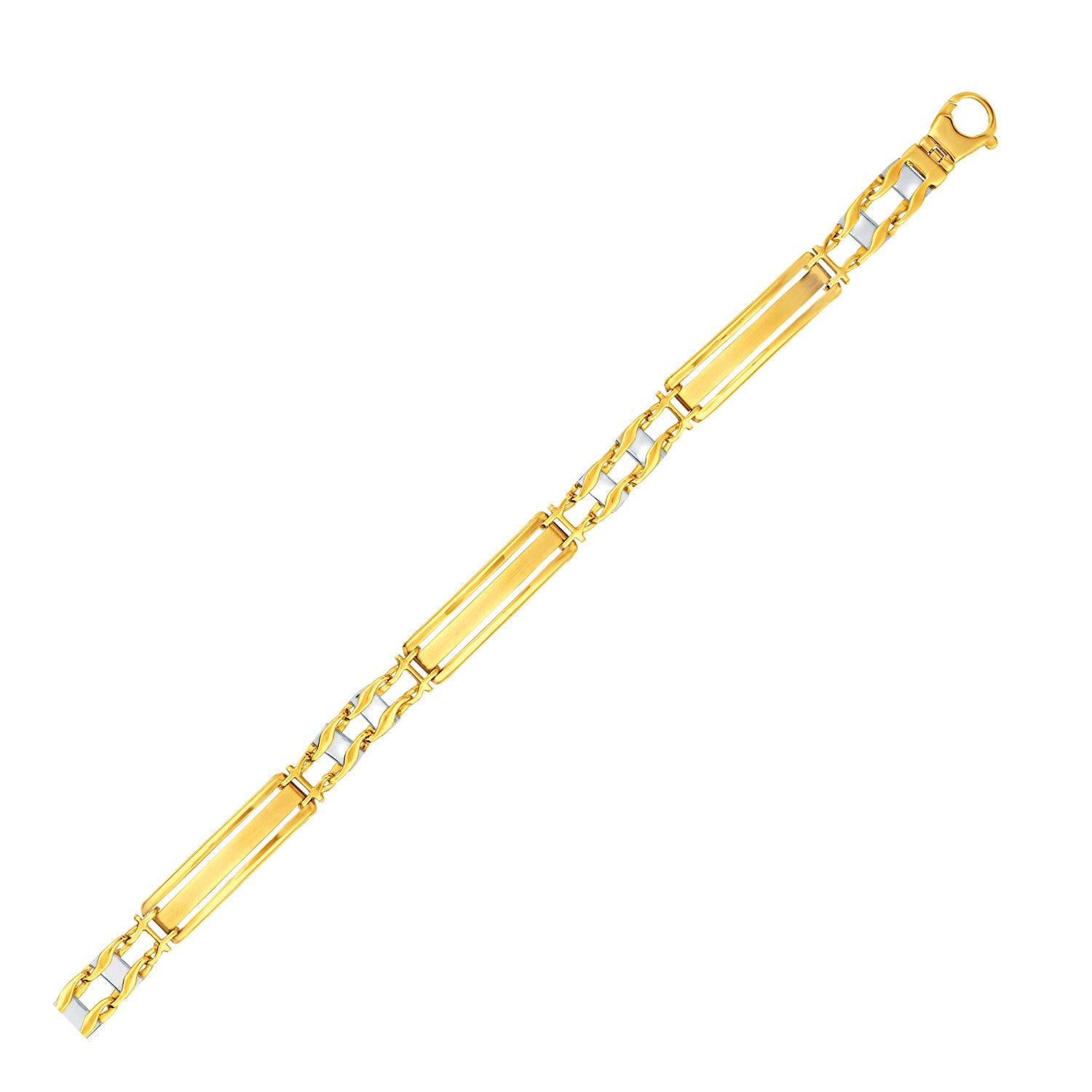 14k Two-Tone Gold Fancy Bar Style Mens Bracelet with Curved Connectors (9.65 mm) in a sleek high-contrast midnight luxury edi
