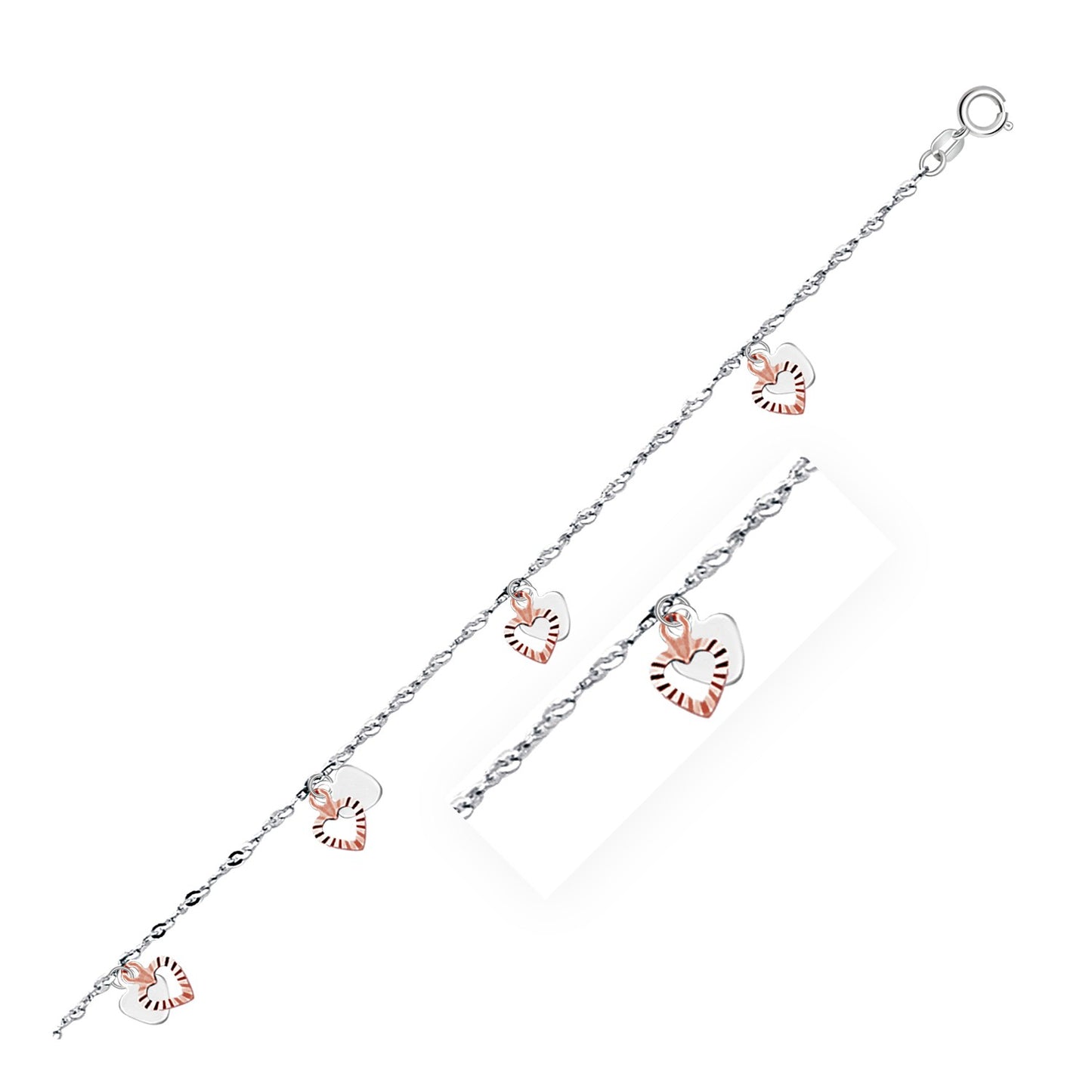 14k White and Rose Gold Anklet with Dual Heart Charms in a sleek high-contrast midnight luxury editorial style
