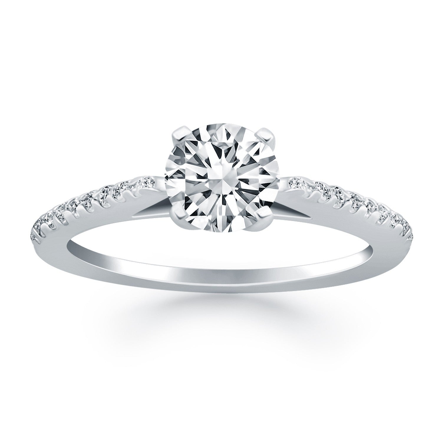 14k White Gold Micro Prong Diamond Cathedral Engagement Ring in a sleek high-contrast midnight luxury editorial style