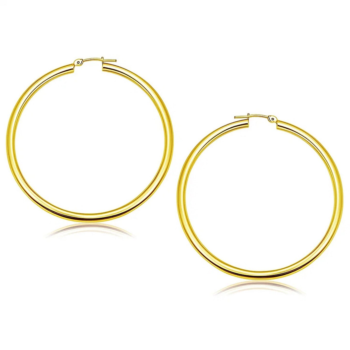 14k Yellow Gold Polished Hoop Earrings (3x50mm) in a sleek high-contrast midnight luxury editorial style