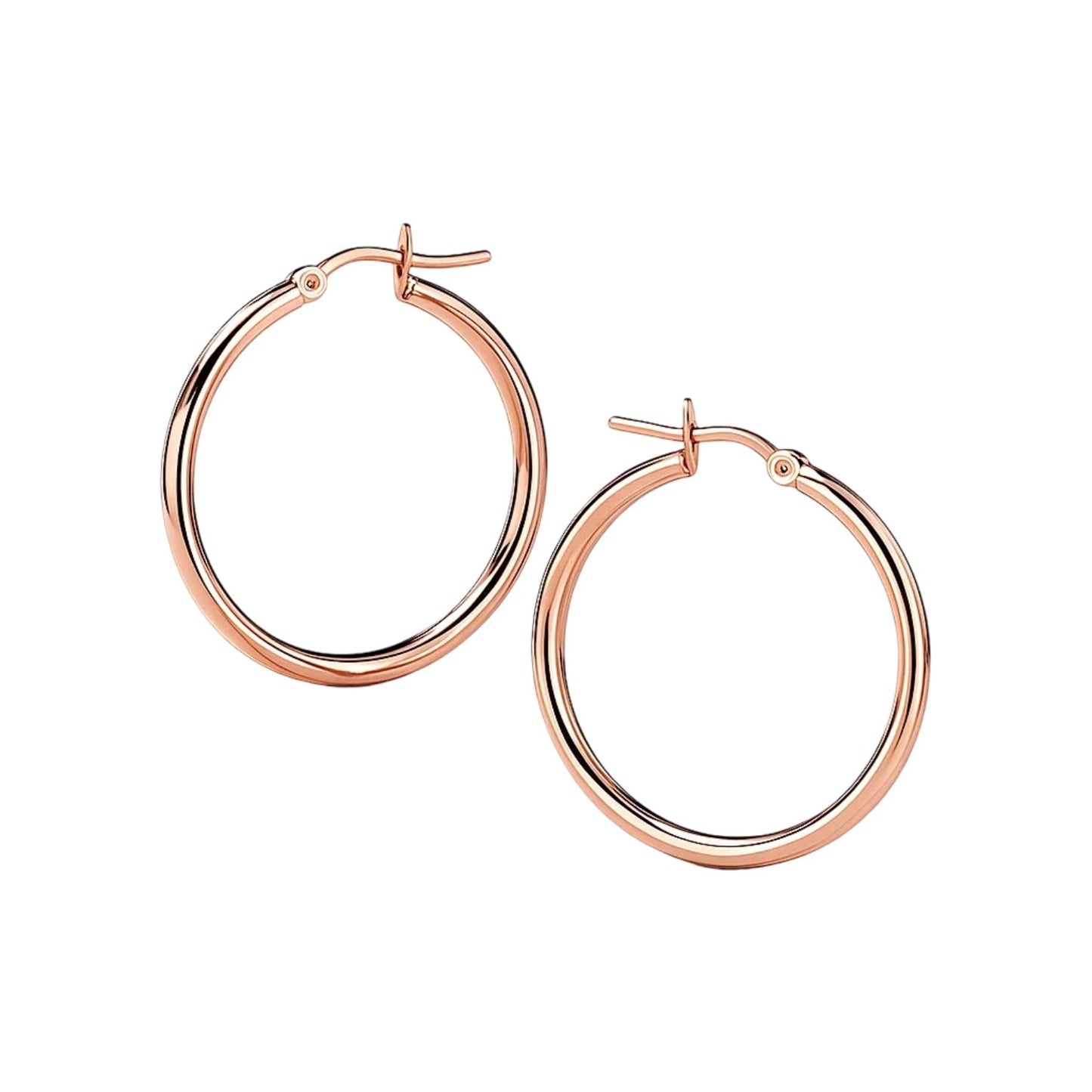 14k Rose Gold Polished Hoop Earrings (2x25mm) in a sleek high-contrast midnight luxury editorial style
