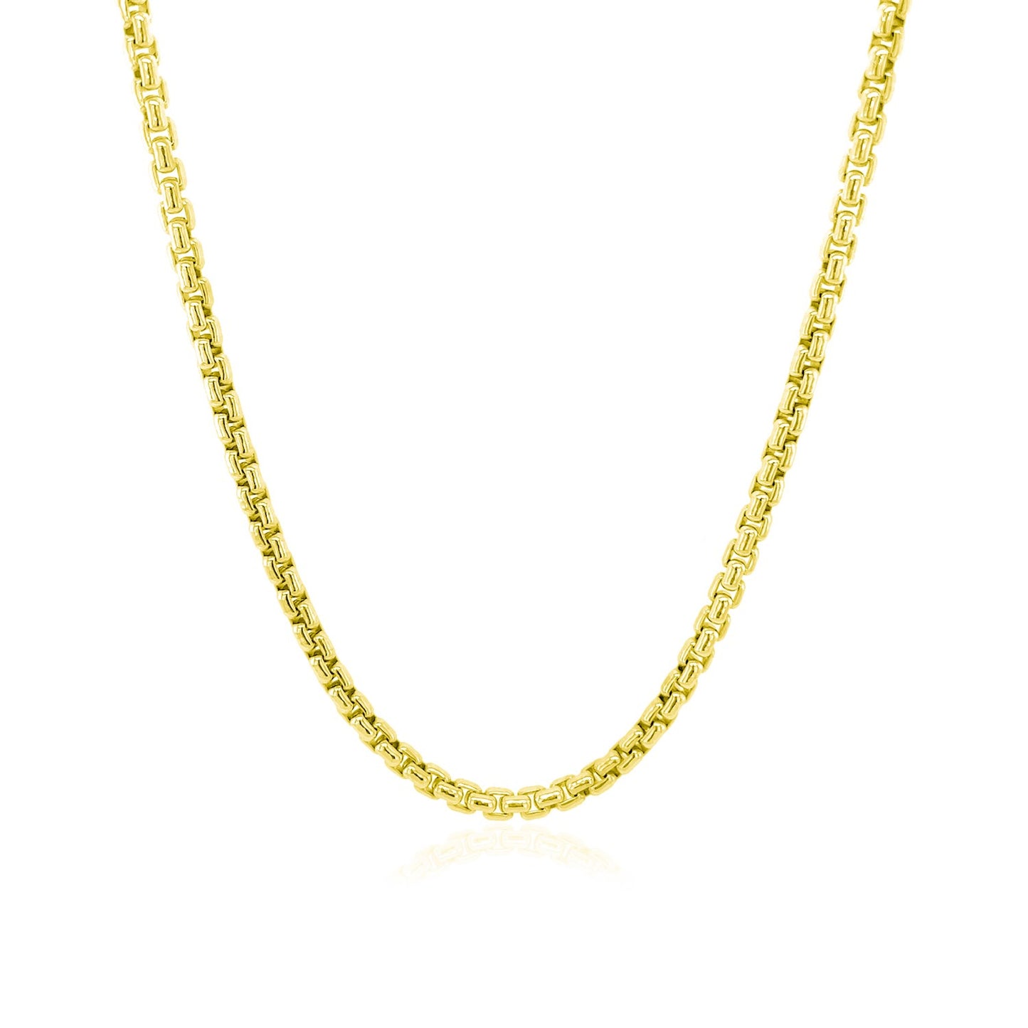 14k Yellow Gold Round Box Chain (2.5 mm) in a sleek high-contrast midnight luxury editorial style