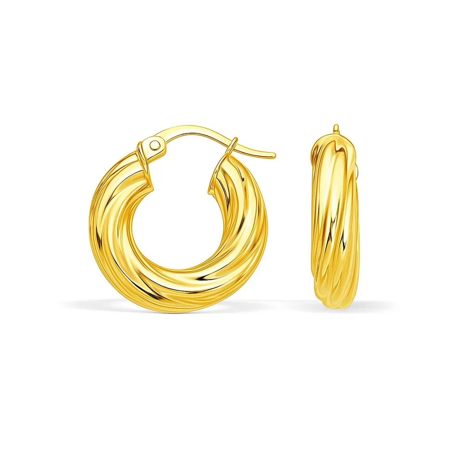 14k Yellow Gold Fancy Twist Hoop Earrings in a sleek high-contrast midnight luxury editorial style