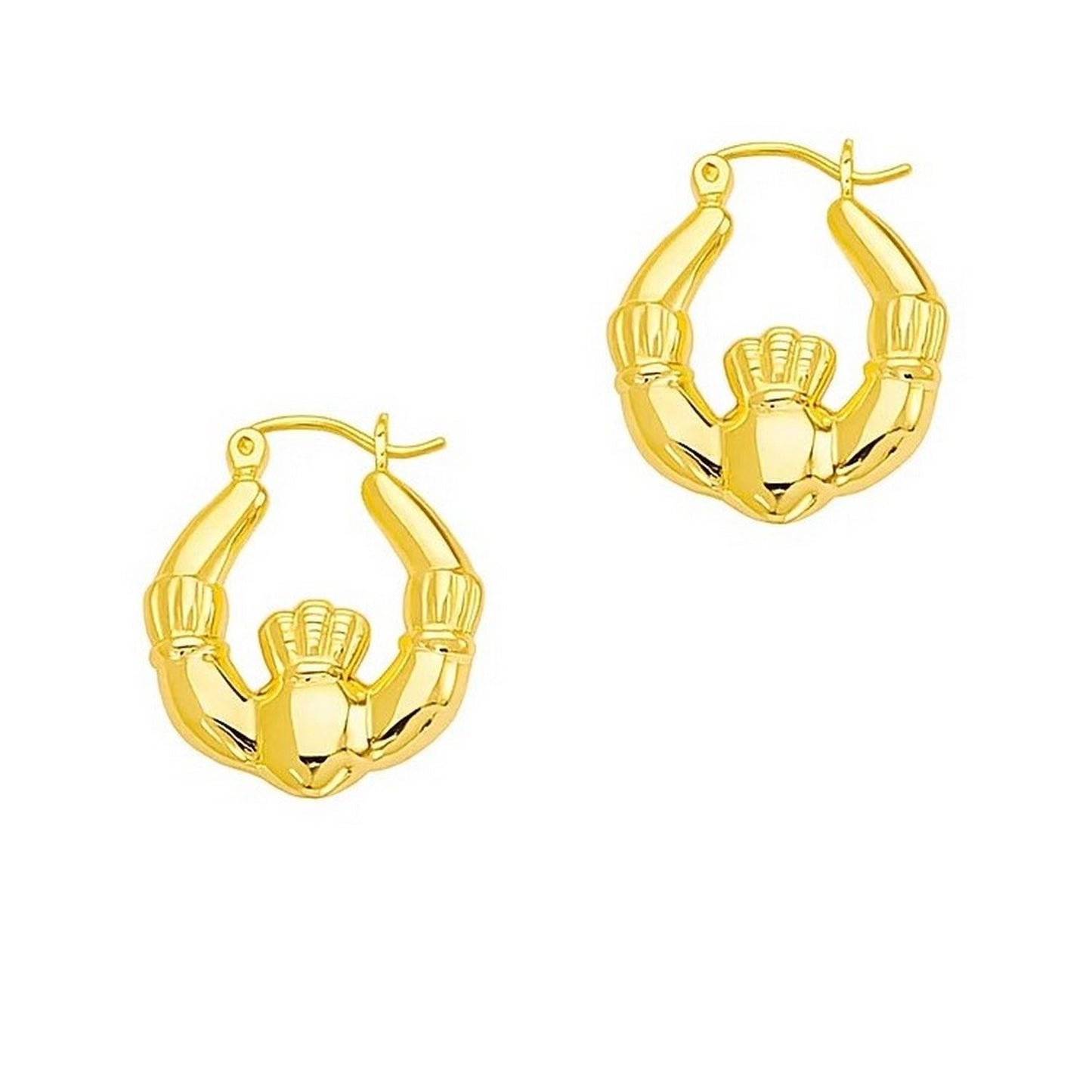 14K Yellow Gold Claddagh Symbol Hoop Earrings in a sleek high-contrast midnight luxury editorial style