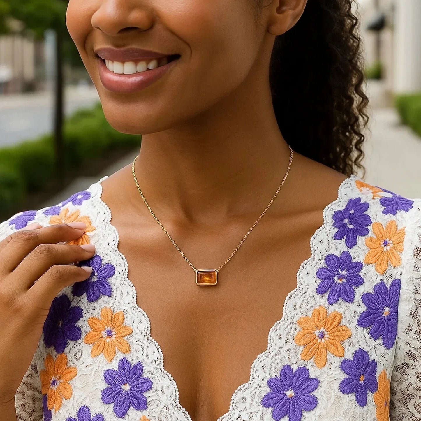 14K Yellow Gold Emerald Cut Citrine Necklace - Peelerie