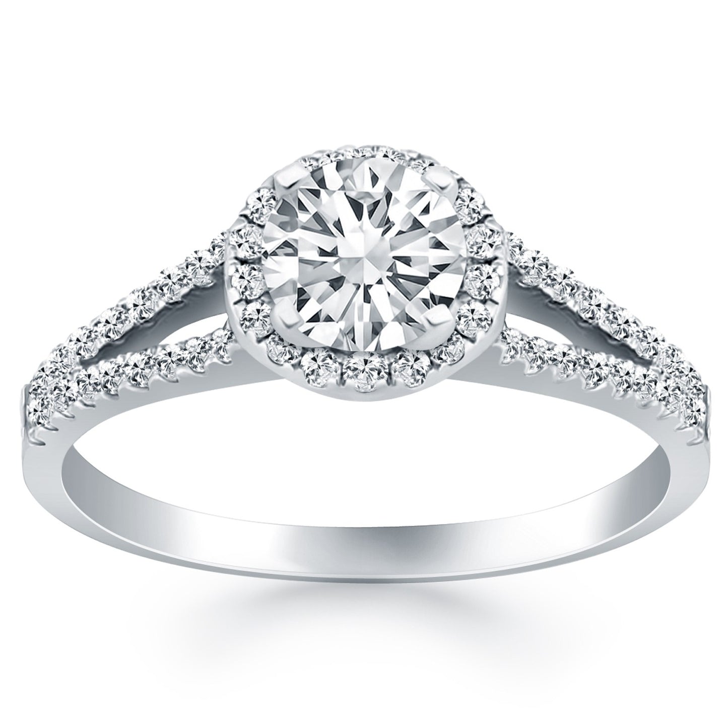 14k White Gold Diamond Halo Split Shank Engagement Ring in a sleek high-contrast midnight luxury editorial style