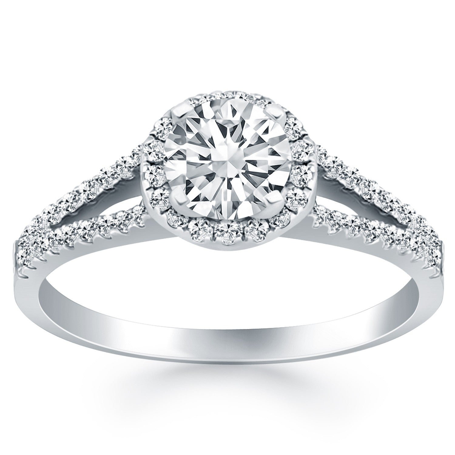 14k White Gold Diamond Halo Split Shank Engagement Ring in a sleek high-contrast midnight luxury editorial style