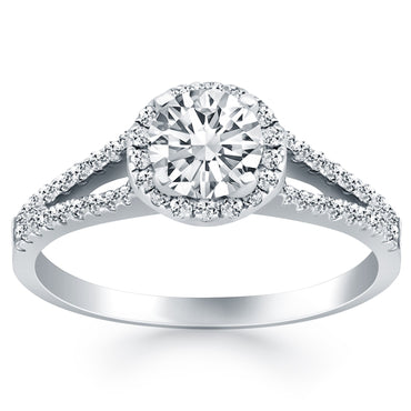 14k White Gold Diamond Halo Split Shank Engagement Ring in a sleek high-contrast midnight luxury editorial style