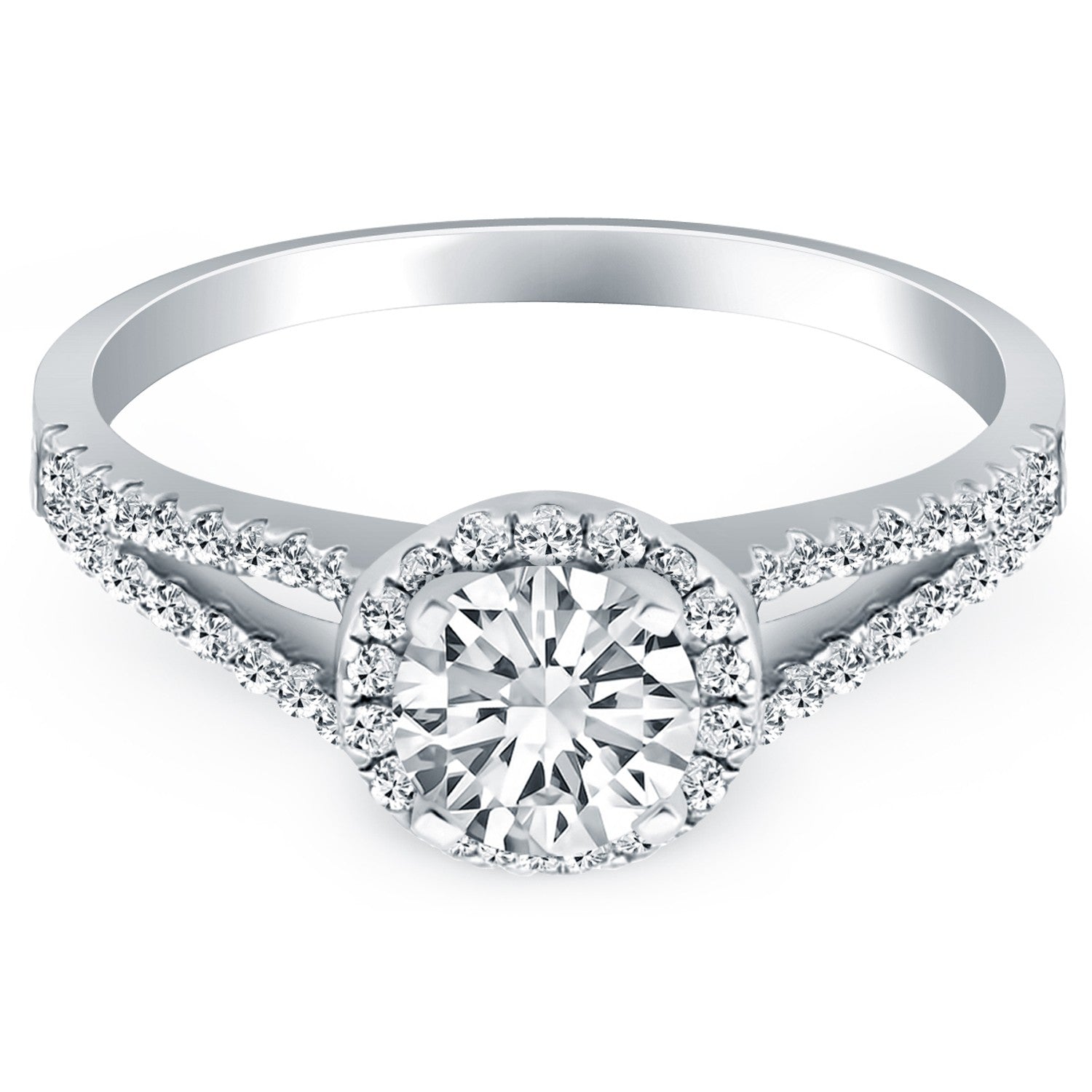 14k White Gold Diamond Halo Split Shank Engagement Ring - Peelerie
