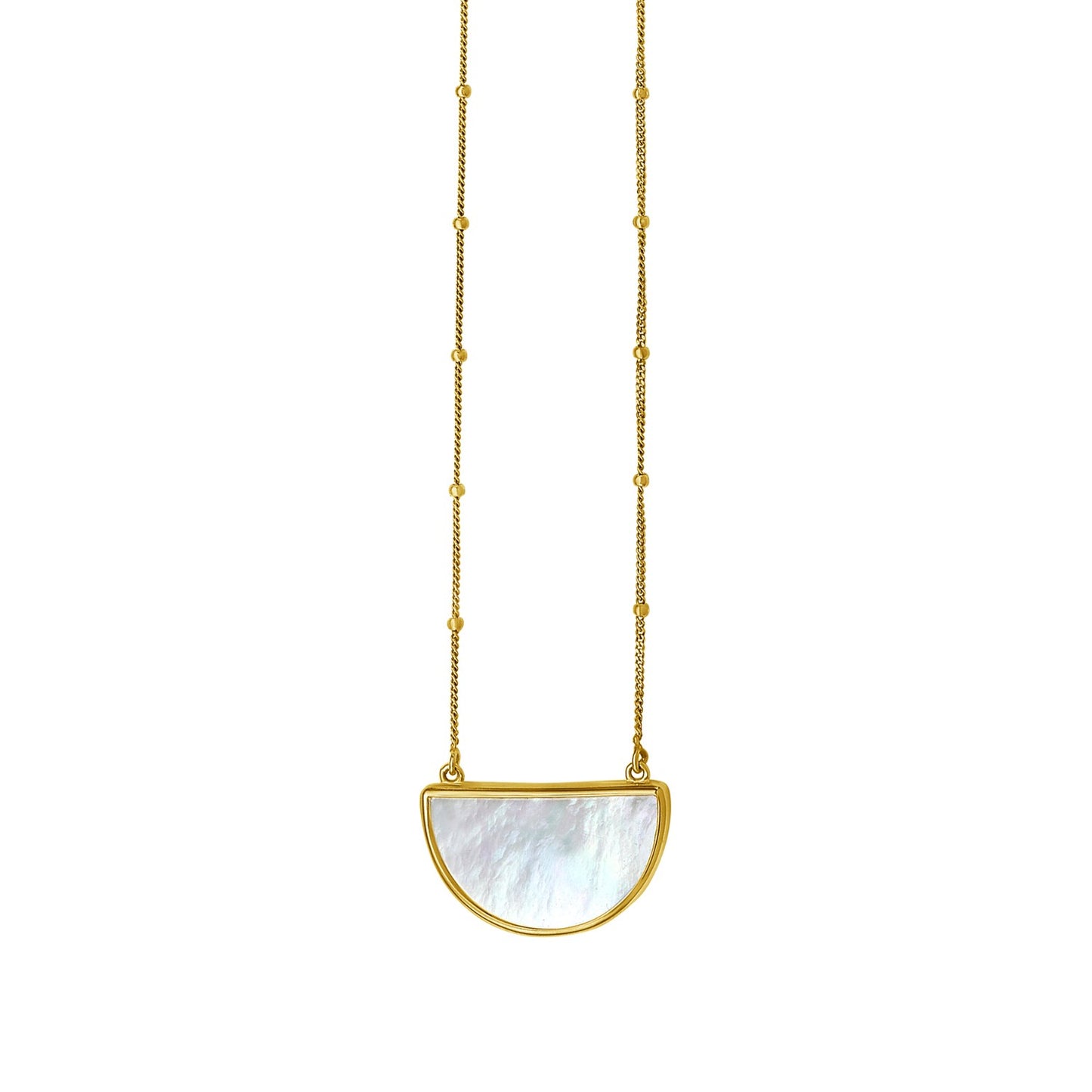 MOP Geometric Gem Half Moon Necklace in 14K Yellow Gold in a sleek high-contrast midnight luxury editorial style