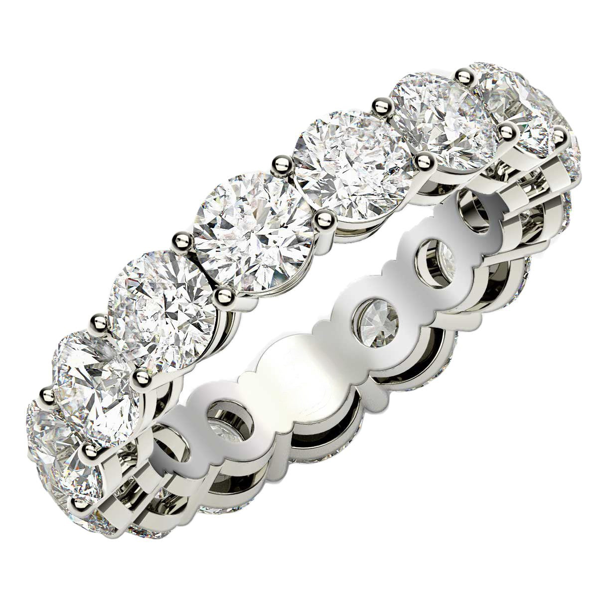 Round Cut Lab Grown Diamond Eternity Ring in 14k White Gold (5 cttw FG/VS2) in a sleek high-contrast midnight luxury editoria