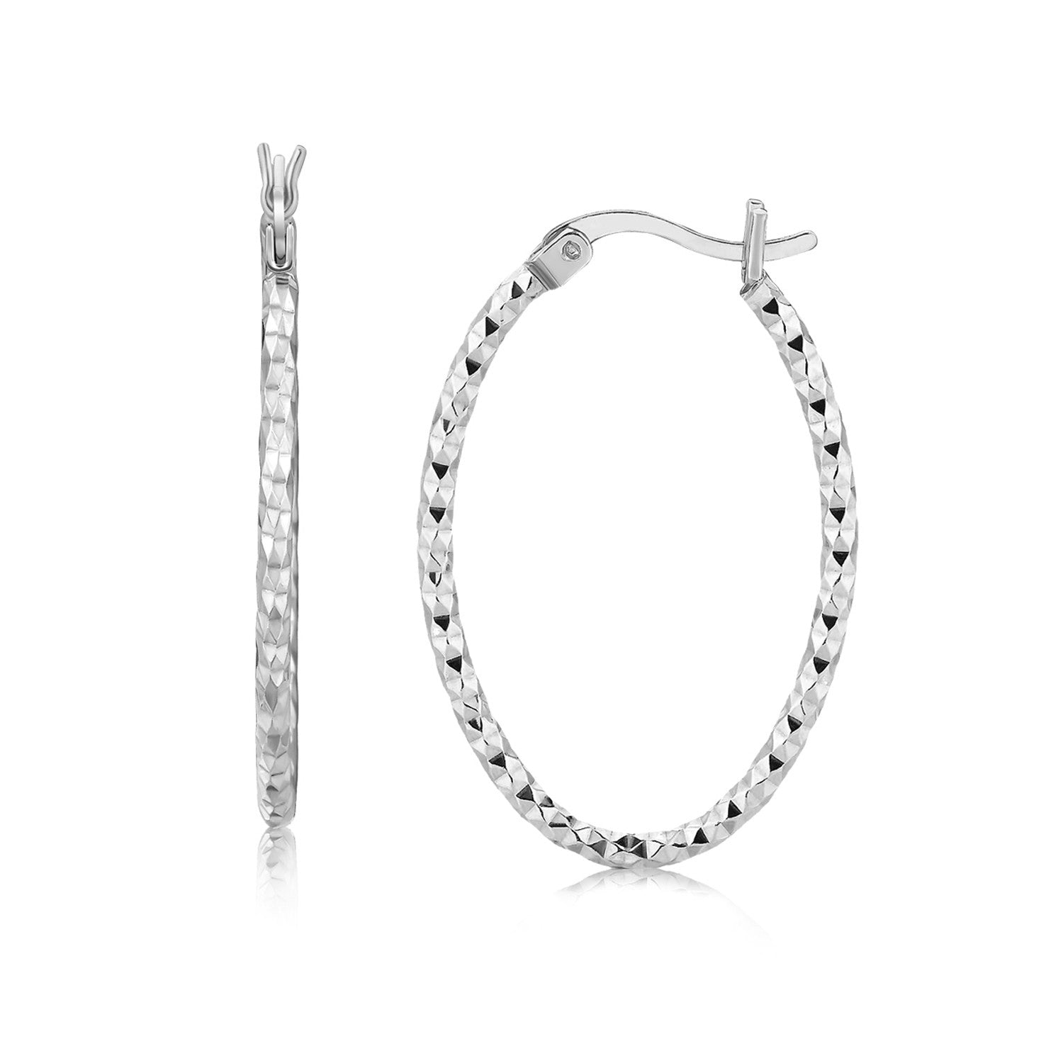 Sterling Silver Rhodium Plated Textured Diamond Cut Hoop Earrings(2x25mm) in a sleek high-contrast midnight luxury editorial