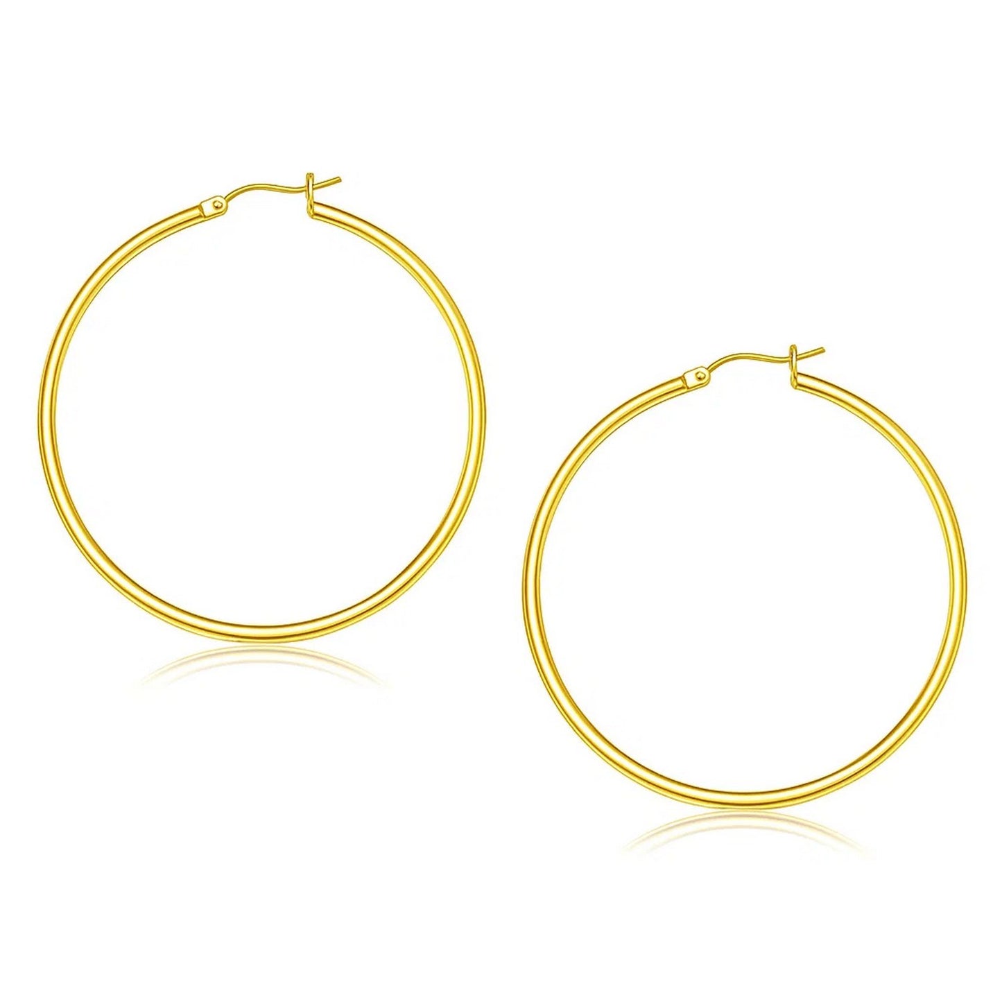 14k Yellow Gold Polished Hoop Earrings (2x45mm) in a sleek high-contrast midnight luxury editorial style