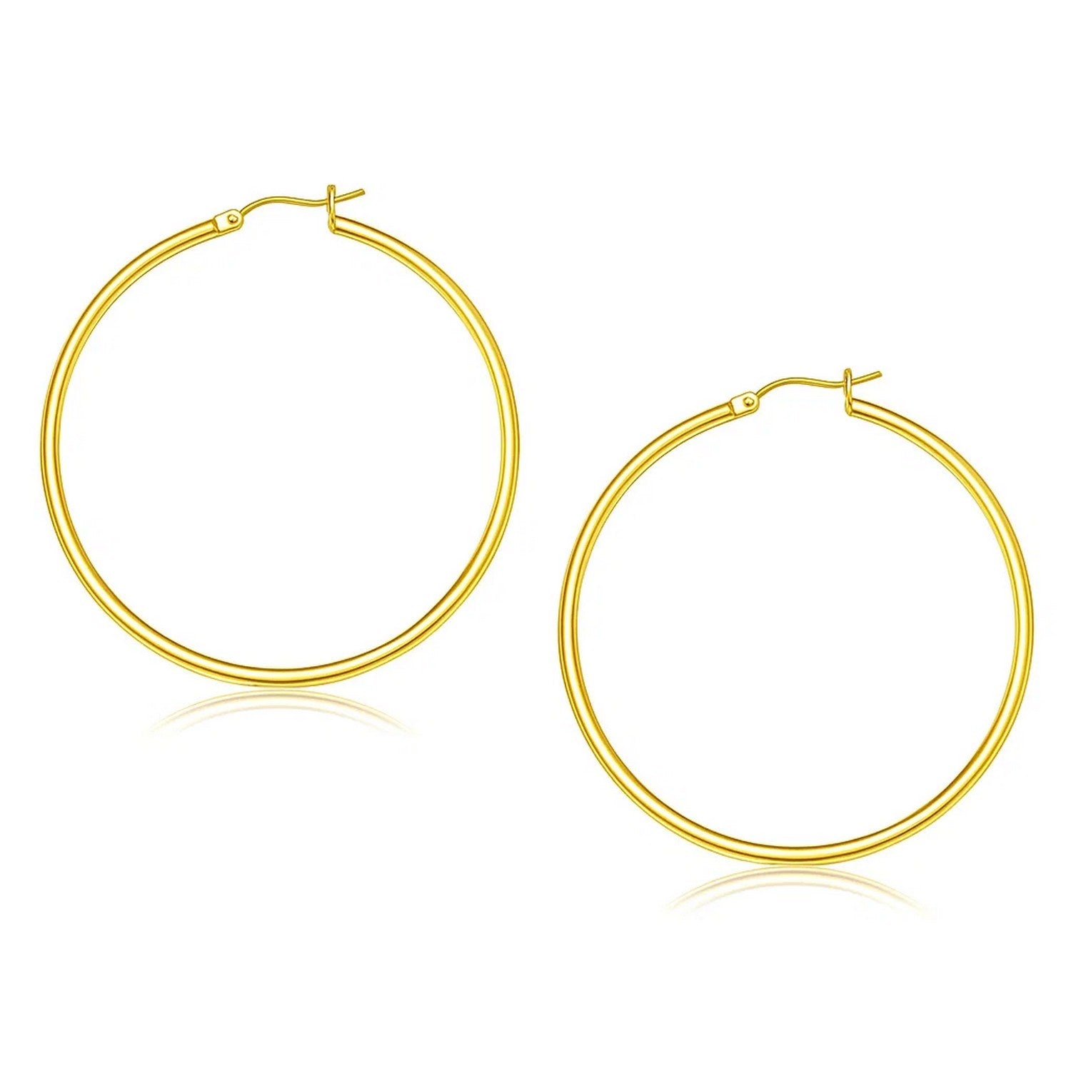 14k Yellow Gold Polished Hoop Earrings (2x45mm) in a sleek high-contrast midnight luxury editorial style