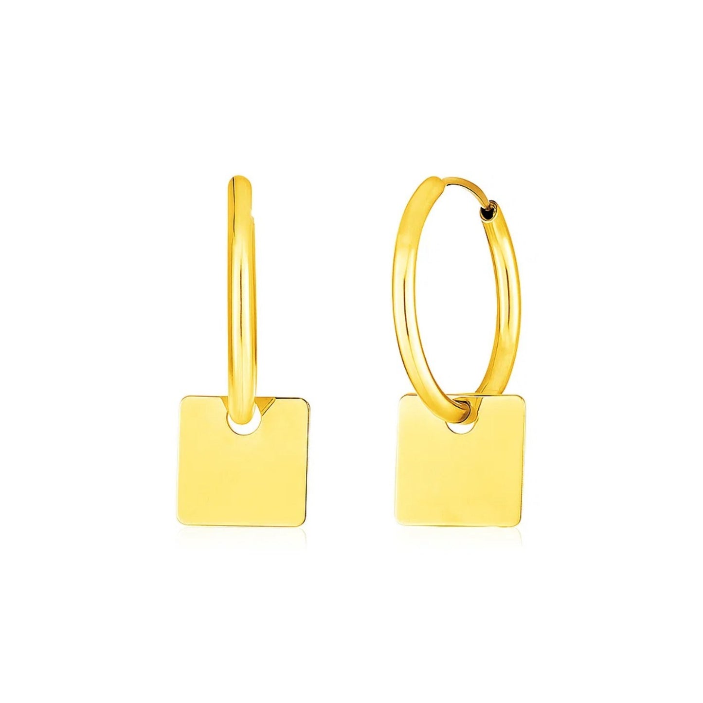 14k Yellow Gold Huggie Style Hoop Earrings with Square Drops in a sleek high-contrast midnight luxury editorial style