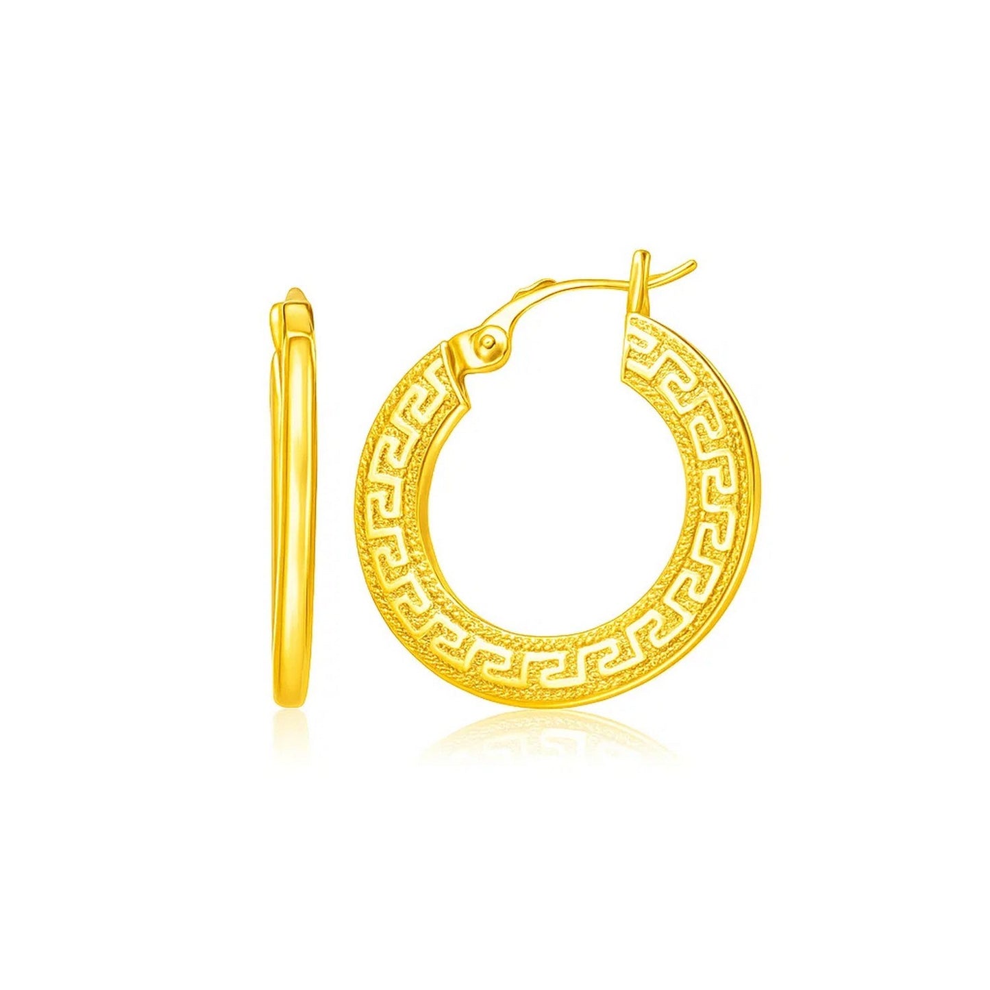 14k Yellow Gold Greek Key Medium Hoop Earrings with Flat Sides in a sleek high-contrast midnight luxury editorial style