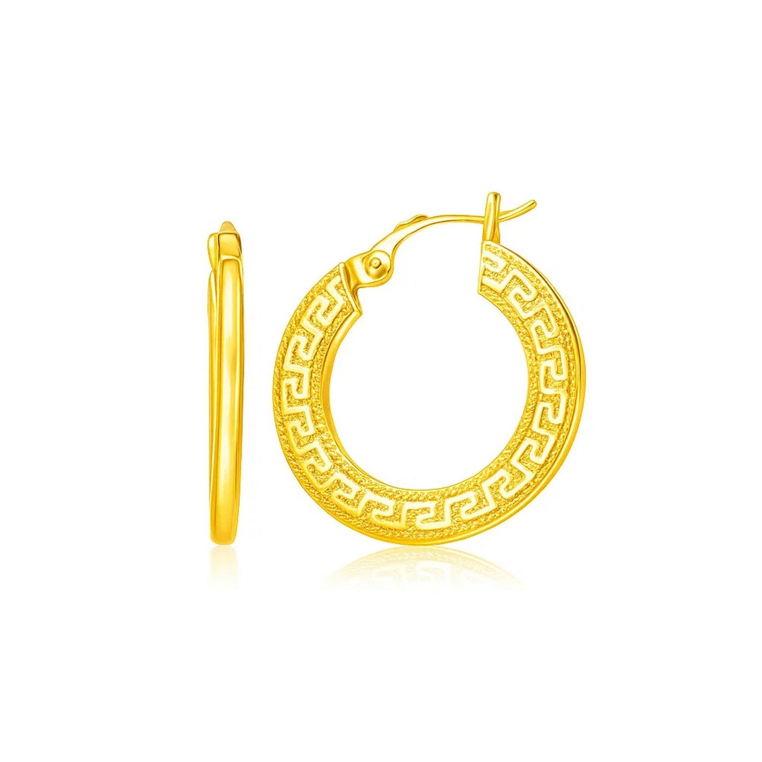 14k Yellow Gold Greek Key Medium Hoop Earrings with Flat Sides in a sleek high-contrast midnight luxury editorial style