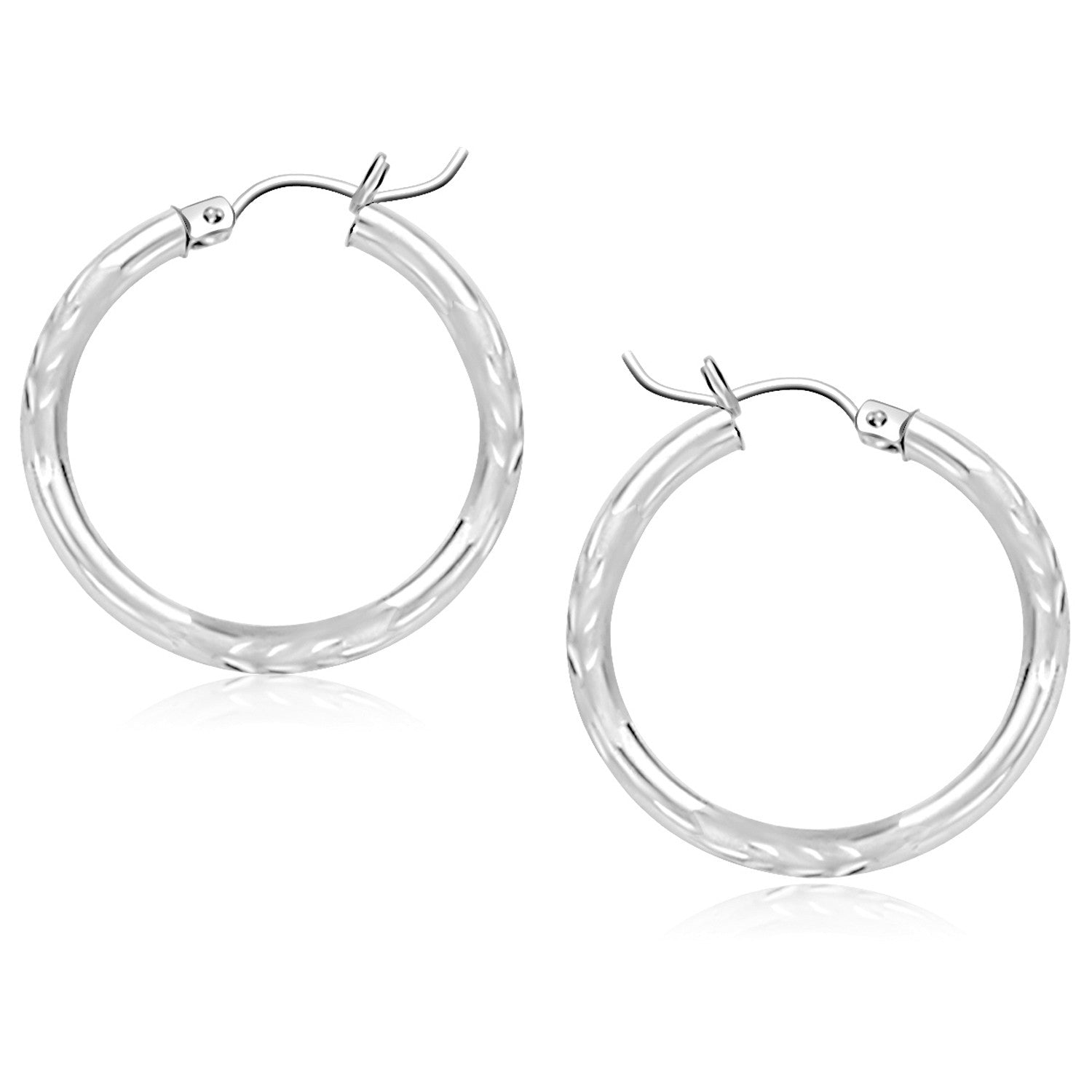 14k White Gold Diamond Cut Hoop Earrings (3x25mm) in a sleek high-contrast midnight luxury editorial style