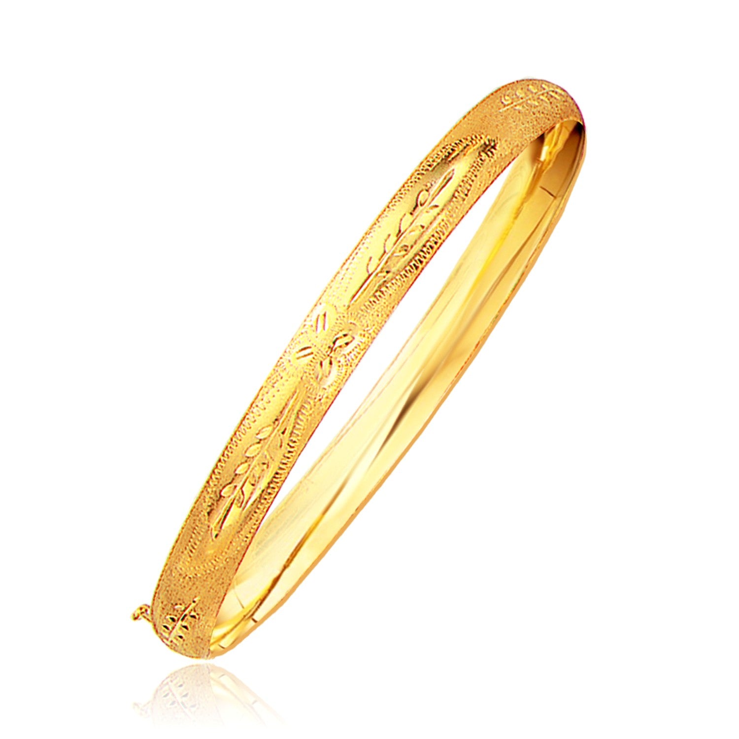Classic Floral Carved Bangle in 14k Yellow Gold (6.00 mm) in a sleek high-contrast midnight luxury editorial style