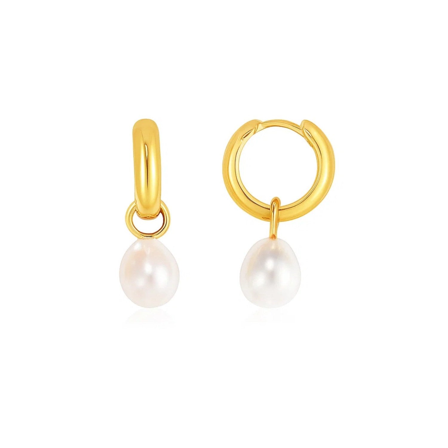 14k Yellow Gold Small Hoop Earrings with Pearls in a sleek high-contrast midnight luxury editorial style