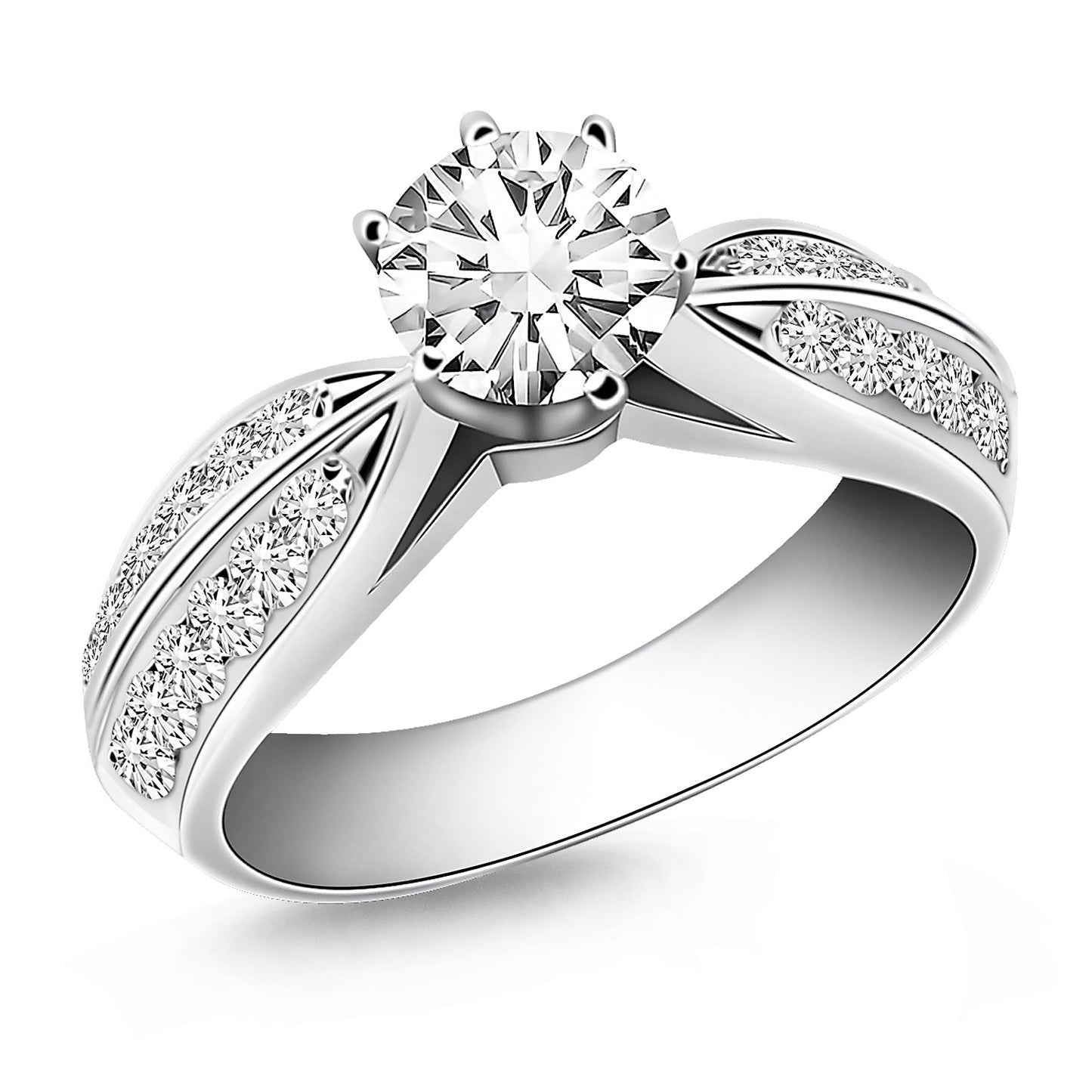 14k White Gold Cathedral Double Row Pave Diamond Engagement Ring in a sleek high-contrast midnight luxury editorial style