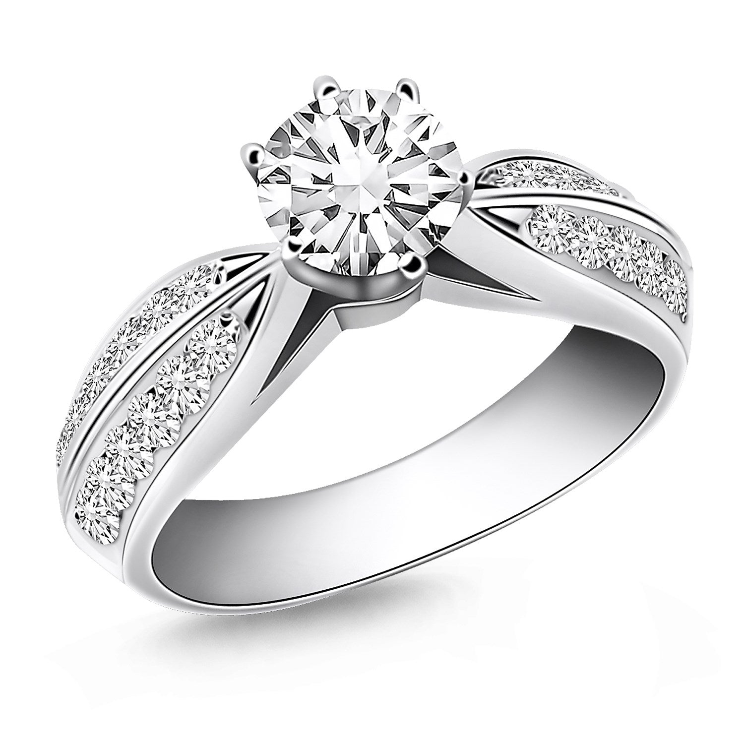 14k White Gold Cathedral Double Row Pave Diamond Engagement Ring in a sleek high-contrast midnight luxury editorial style