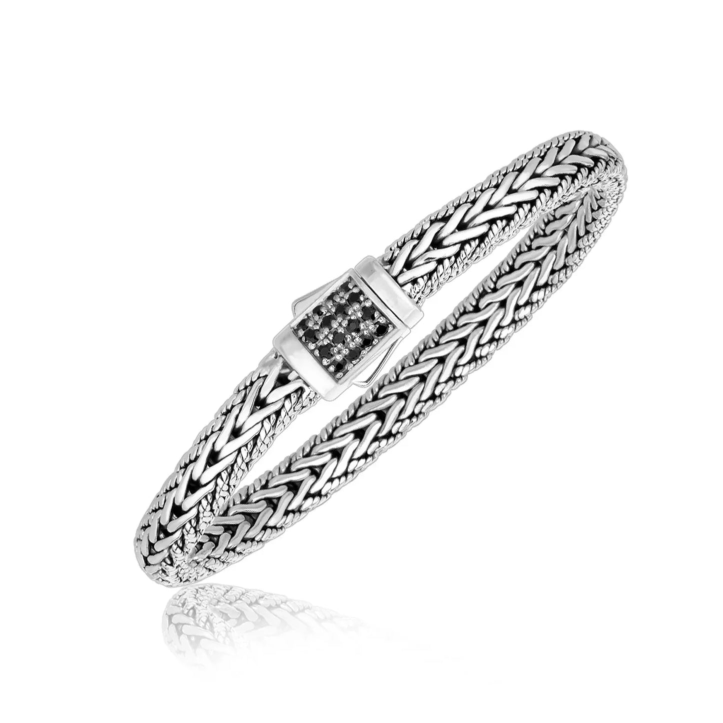 Sterling Silver Braided Style Mens Bracelet with Black Sapphire Accents(1.70 mm) - Peelerie