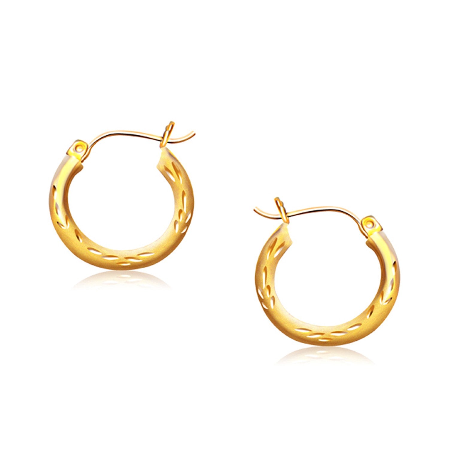 14k Yellow Gold Fancy Diamond Cut Hoop Earrings (3x15mm) in a sleek high-contrast midnight luxury editorial style