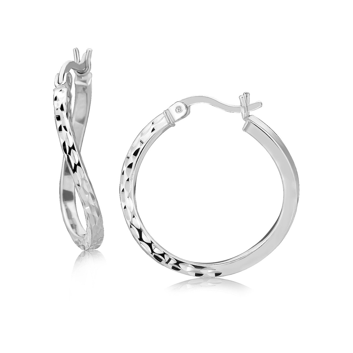 Sterling Silver Rhodium Plated Twist Style Hoop Diamond Cut Earrings (2x20mm) in a sleek high-contrast midnight luxury editor