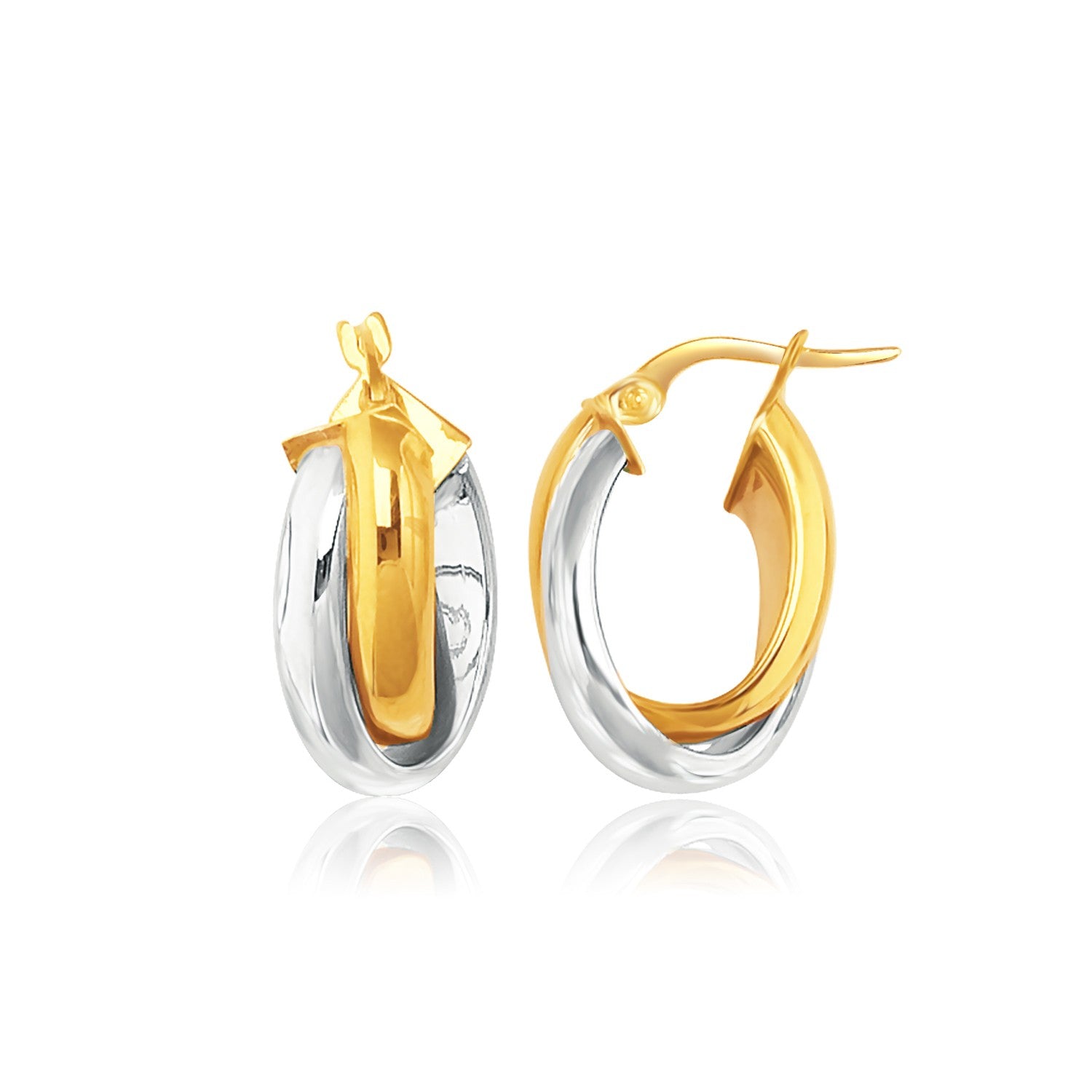 14k Two-Tone Gold Double Row Intertwined Oval Hoop Earrings in a sleek high-contrast midnight luxury editorial style