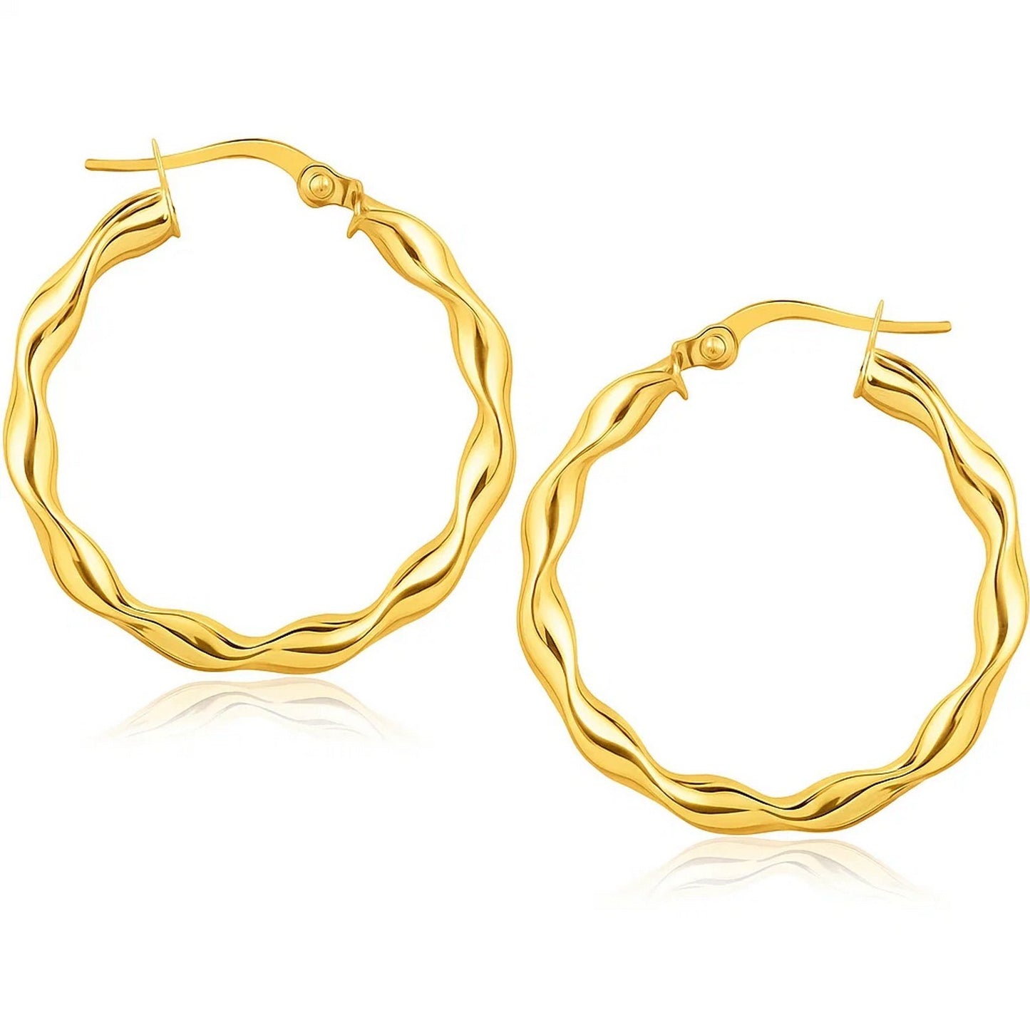14k Yellow Gold Hoop Earrings (25mm) in a sleek high-contrast midnight luxury editorial style