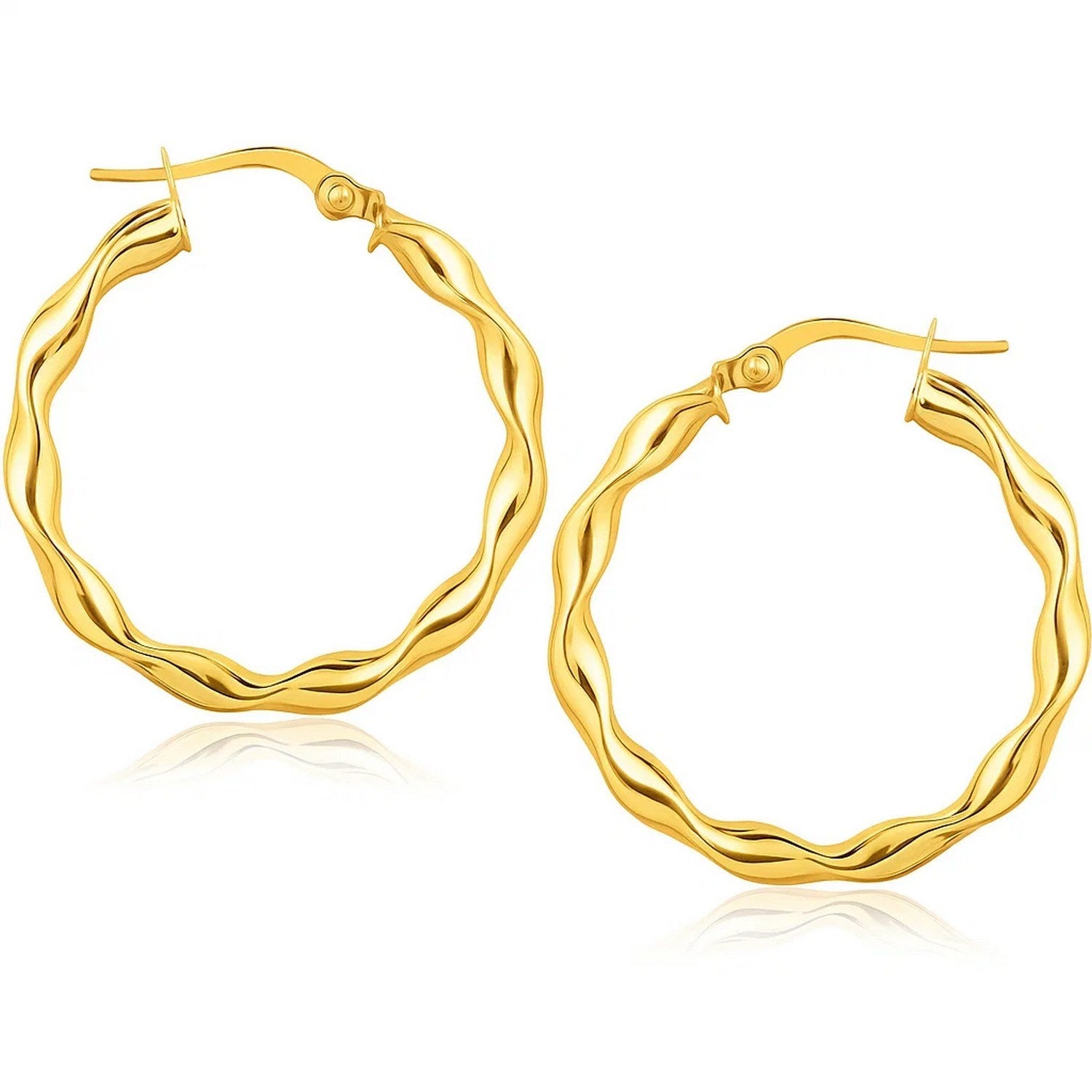 14k Yellow Gold Hoop Earrings (25mm) in a sleek high-contrast midnight luxury editorial style