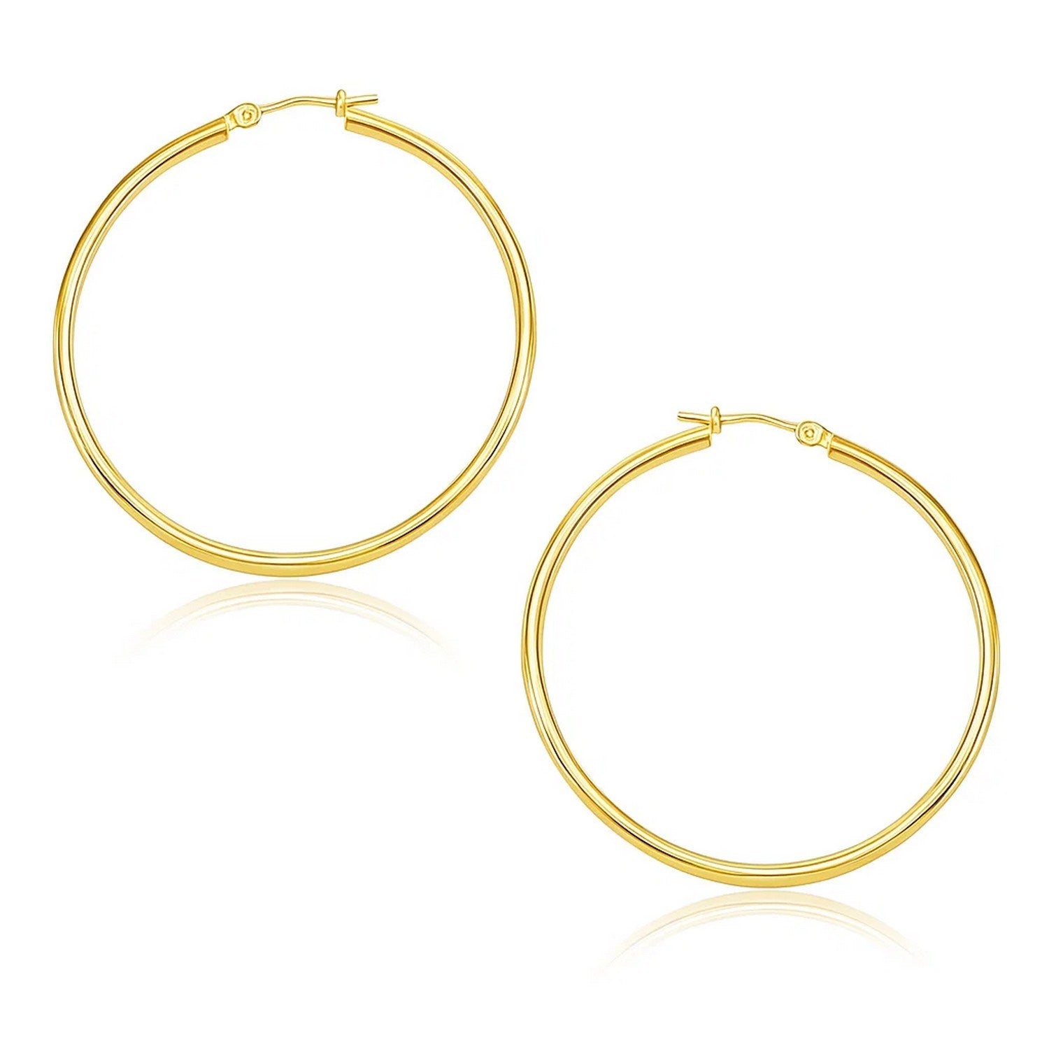 14k Yellow Gold Polished Hoop Earrings (1.5x30mm) in a sleek high-contrast midnight luxury editorial style