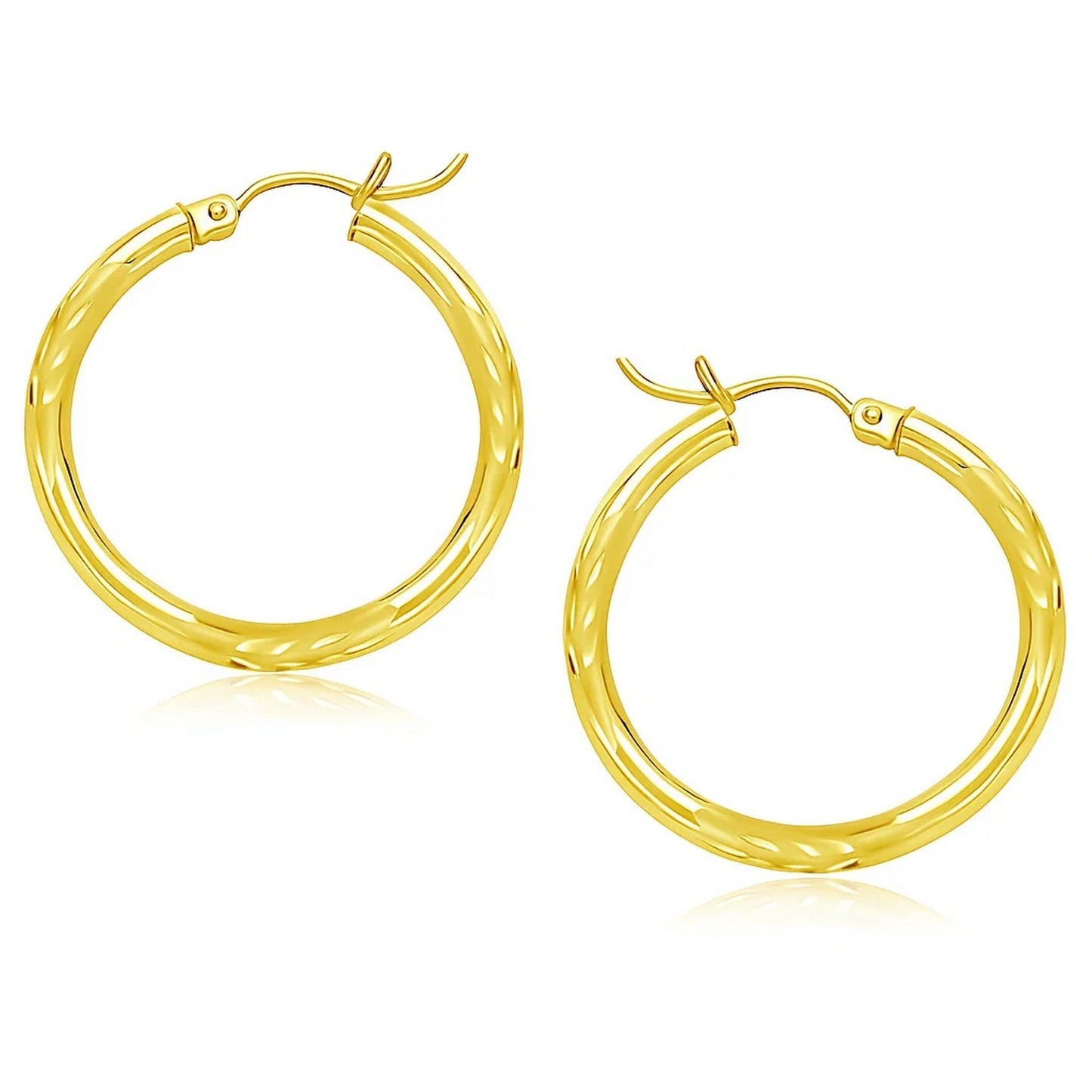 14k Yellow Gold Diamond Cut Hoop Earrings (3x25mm) in a sleek high-contrast midnight luxury editorial style