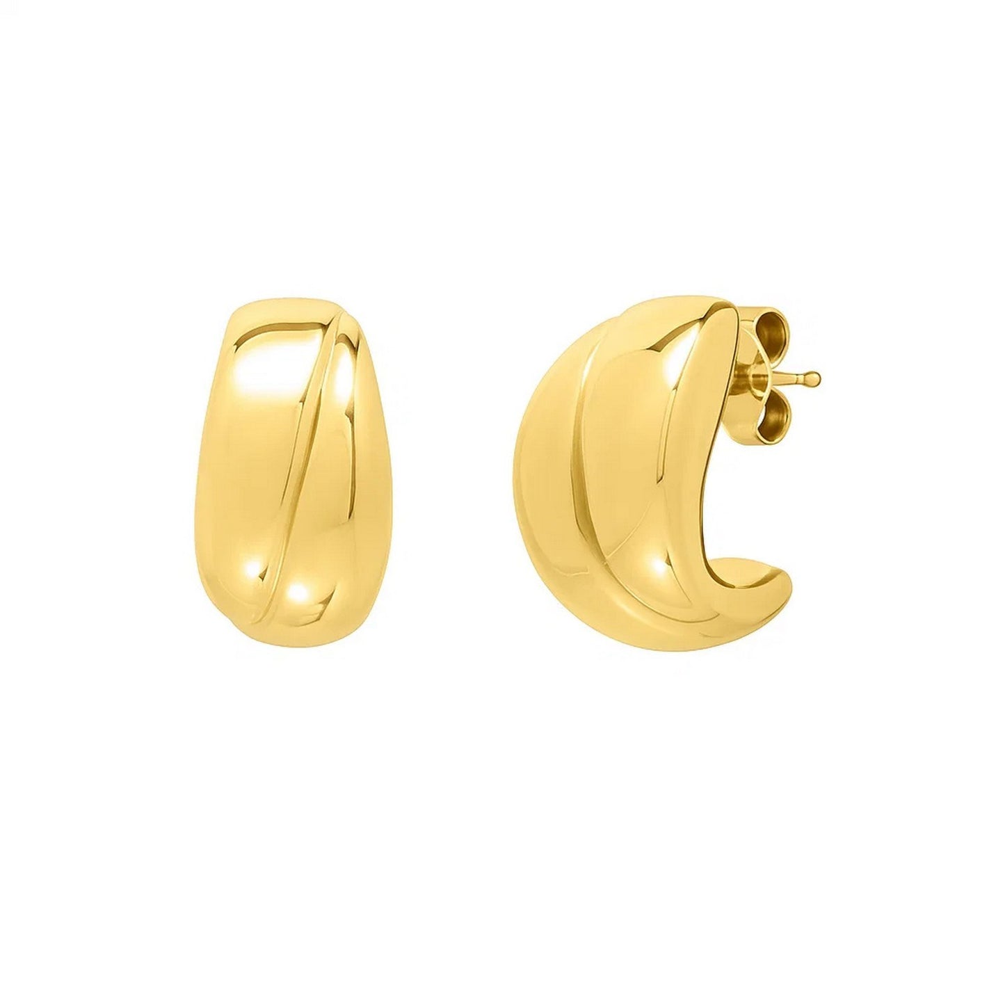 Puffed Up Split Hoop Earrings in 14K Yellow Gold in a sleek high-contrast midnight luxury editorial style